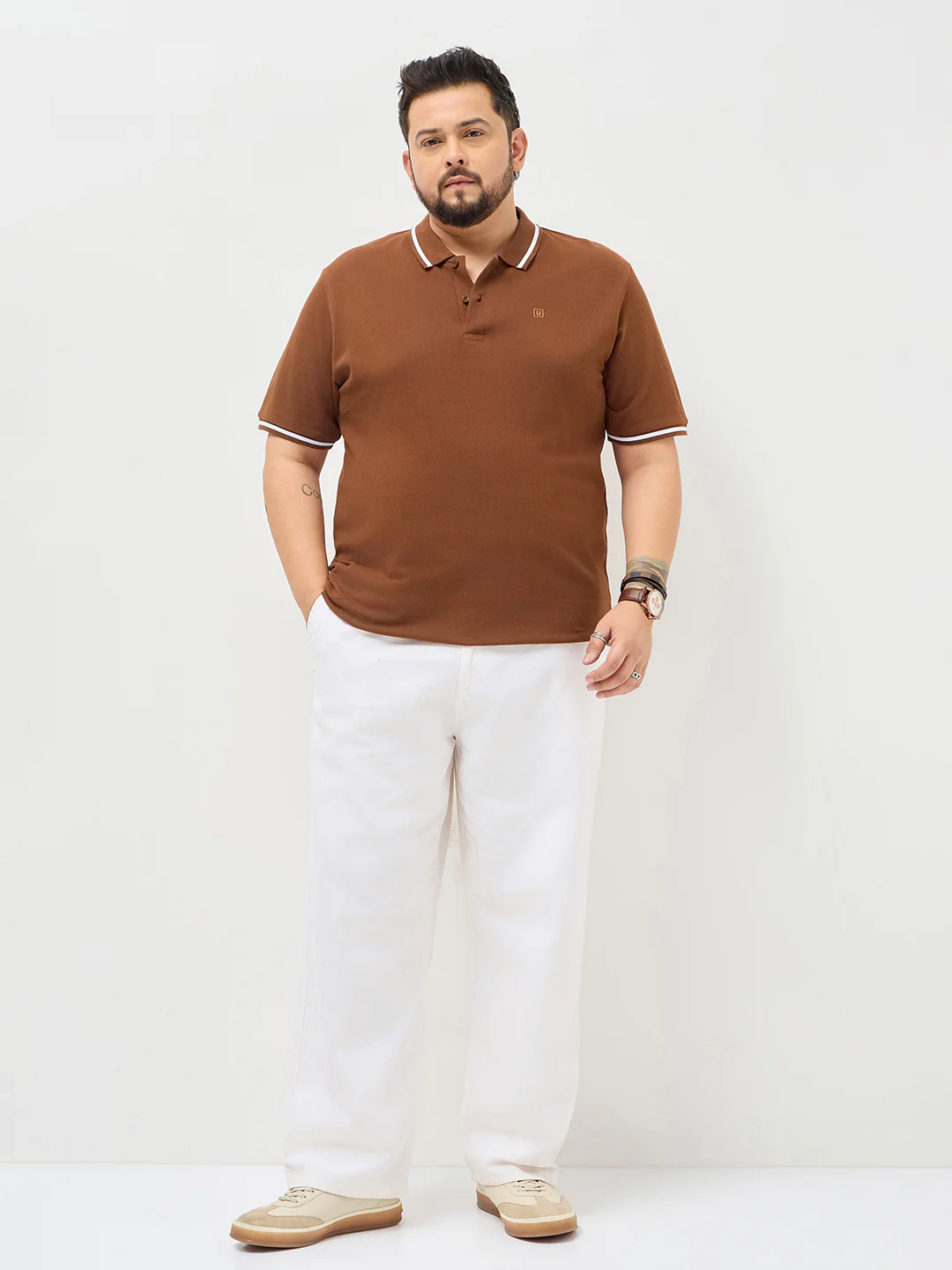 Plus Men's Chocolare Brown Solid Regular Fit Half Sleeve Cotton Polo T-Shirt - Image 4