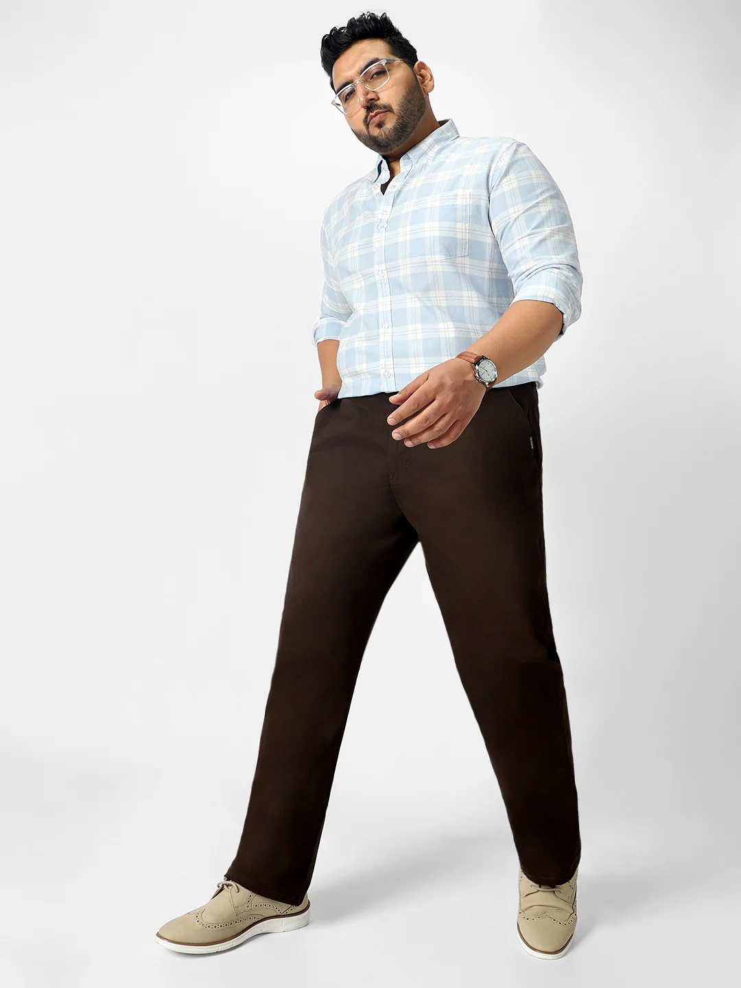 Plus Men's Chocolate Brown Cotton Regular Fit Casual Chinos Trousers Stretch - Image 4