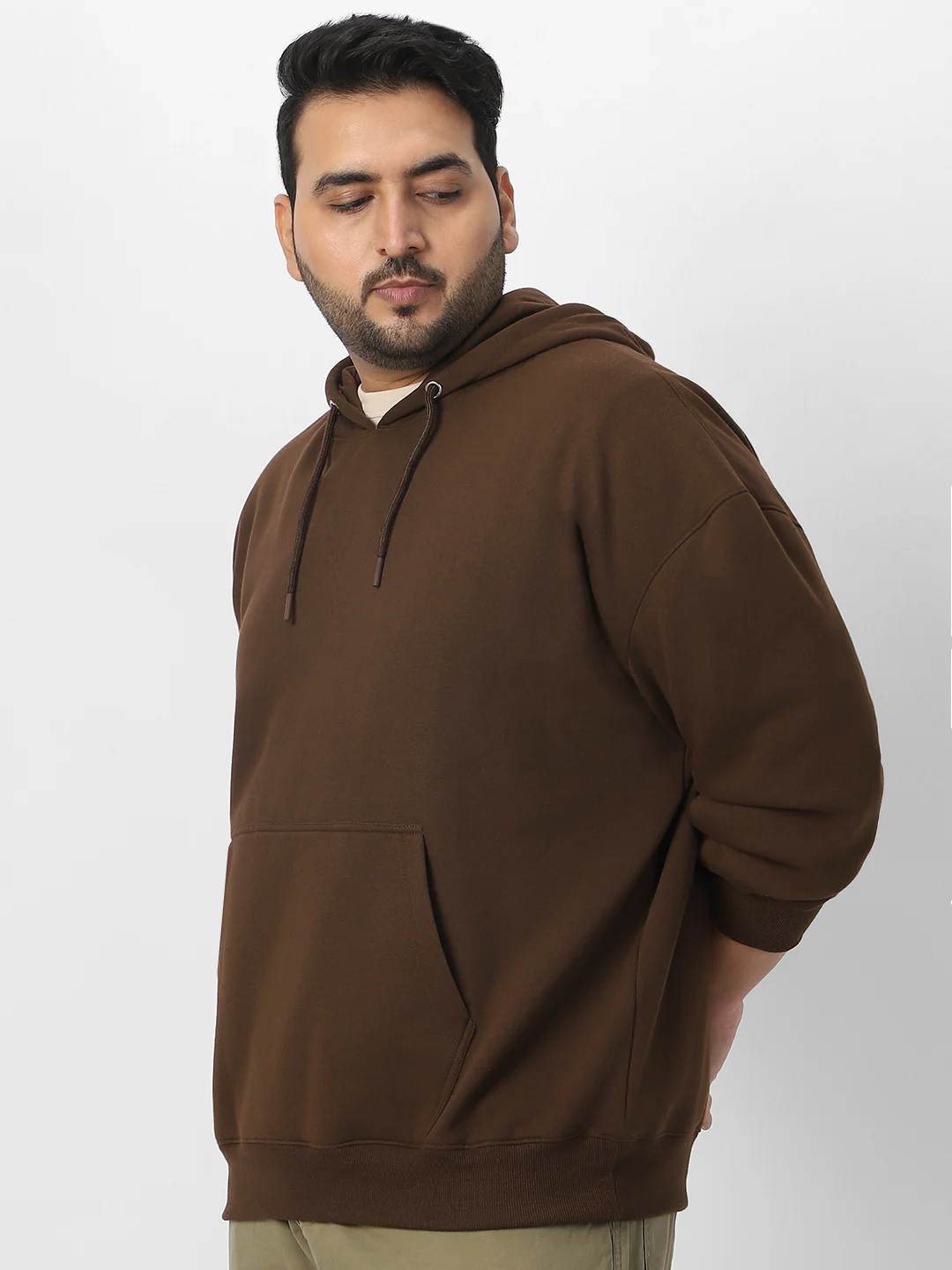 Plus Men's Chocolate Brown Cotton Solid Oversized Hooded Neck Sweatshirt - Image 2