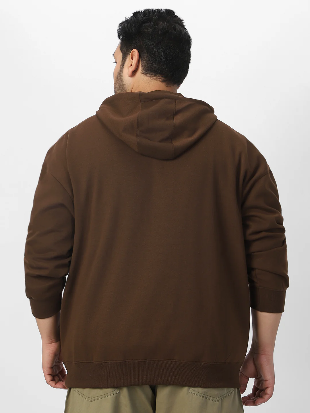 Plus Men's Chocolate Brown Cotton Solid Oversized Hooded Neck Sweatshirt - Image 3