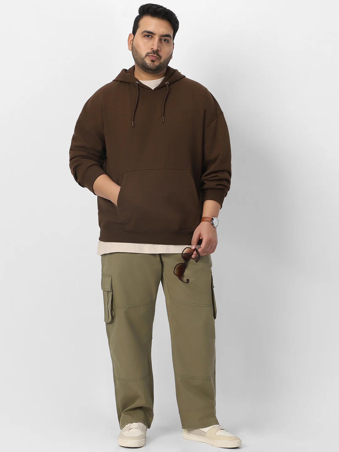 Plus Men's Chocolate Brown Cotton Solid Oversized Hooded Neck Sweatshirt - Image 4