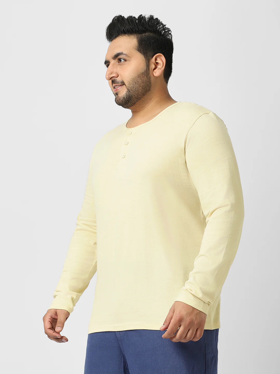 Plus Men's Cloud Cream Solid Henley Neck Regular Fit Full Sleeve Cotton T-Shirt - Image 2