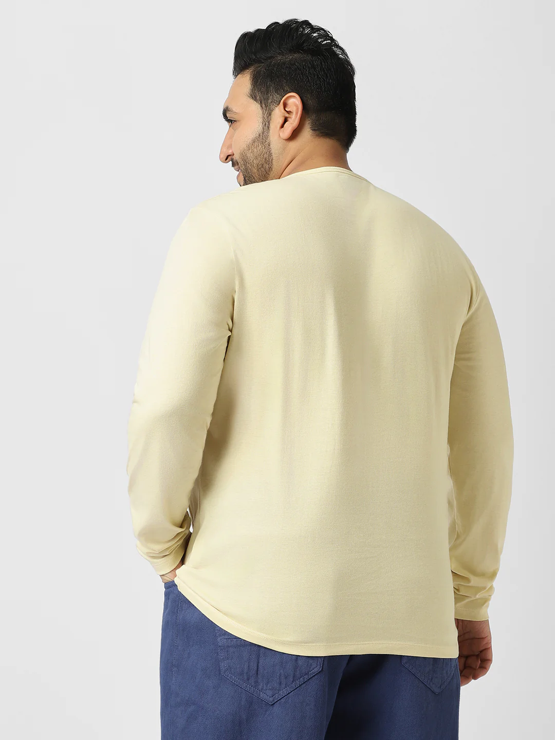 Plus Men's Cloud Cream Solid Henley Neck Regular Fit Full Sleeve Cotton T-Shirt - Image 3