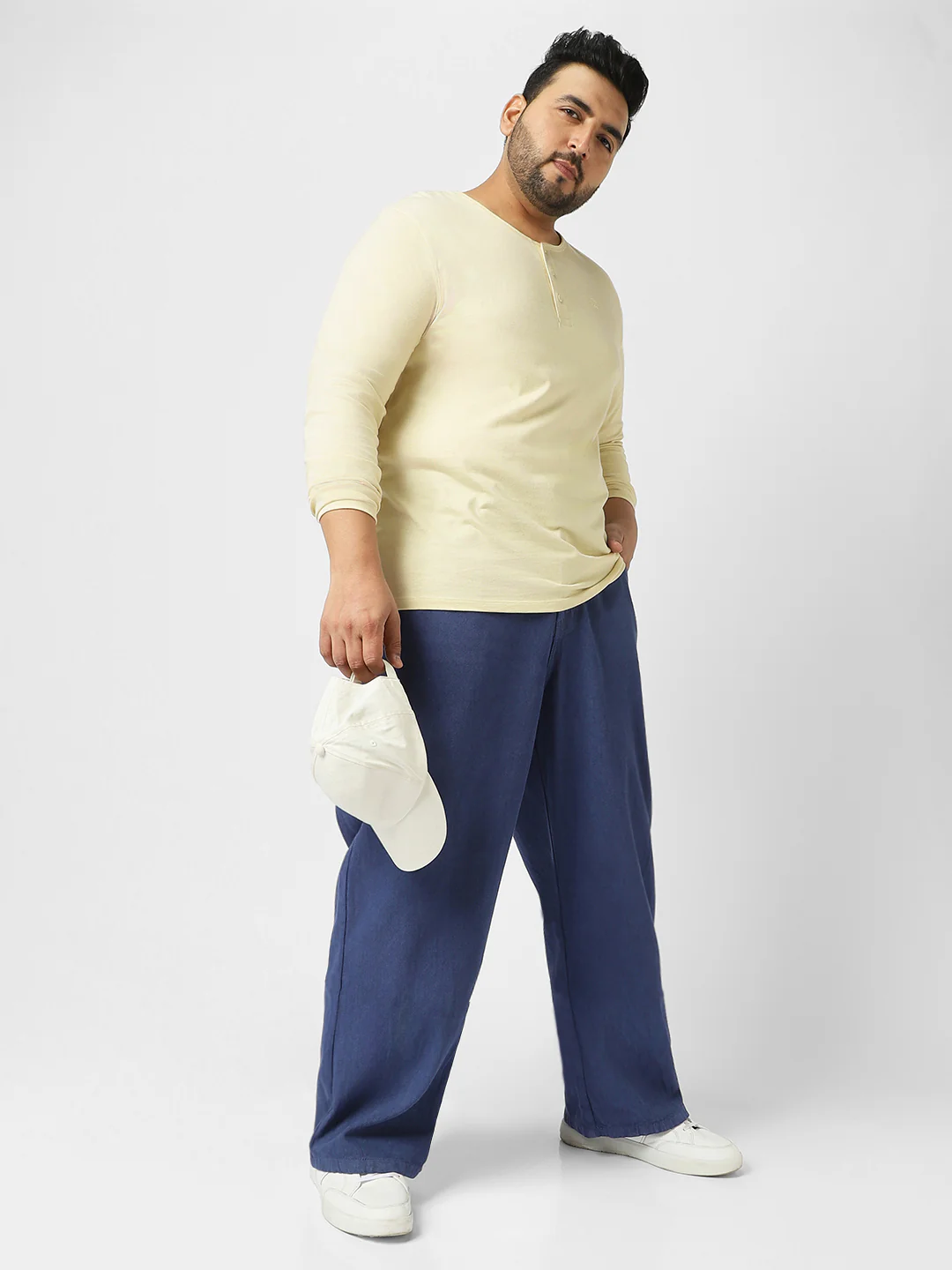 Plus Men's Cloud Cream Solid Henley Neck Regular Fit Full Sleeve Cotton T-Shirt - Image 4