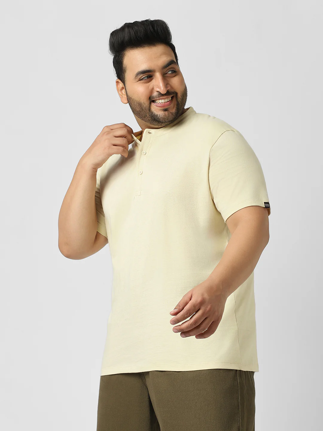 Plus Men's Cloud Cream Solid Mandarin Collar Regular Fit Half Sleeve Cotton T-Shirt - Image 2