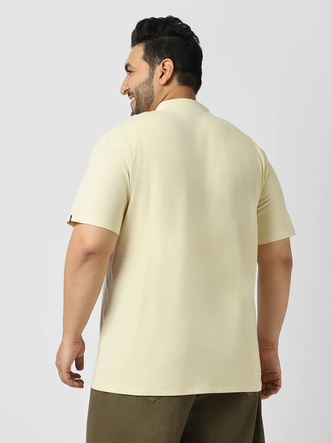 Plus Men's Cloud Cream Solid Mandarin Collar Regular Fit Half Sleeve Cotton T-Shirt - Image 3