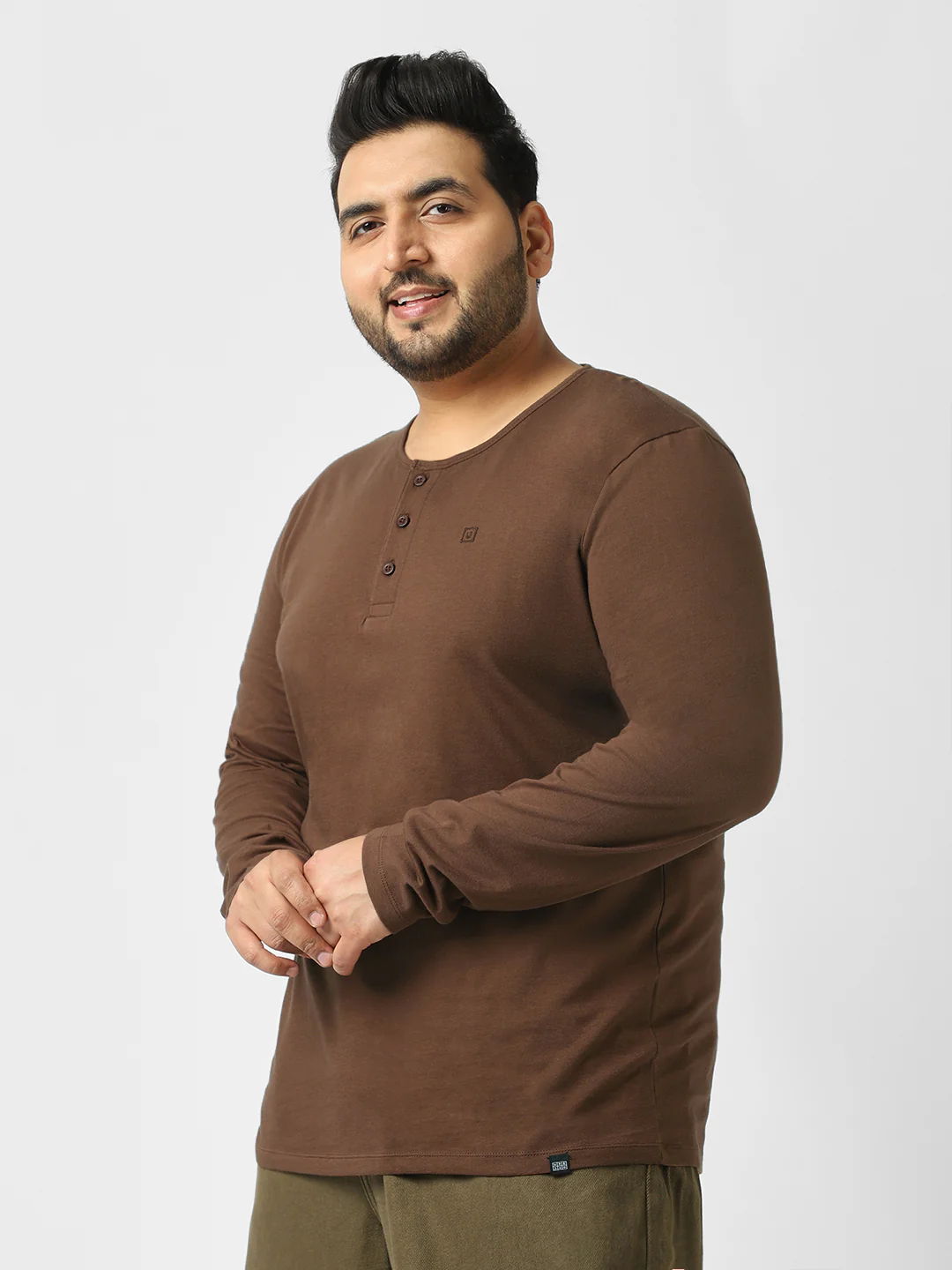 Plus Men's Cocoa Brown Solid Henley Neck Regular Fit Full Sleeve Cotton T-Shirt - Image 2