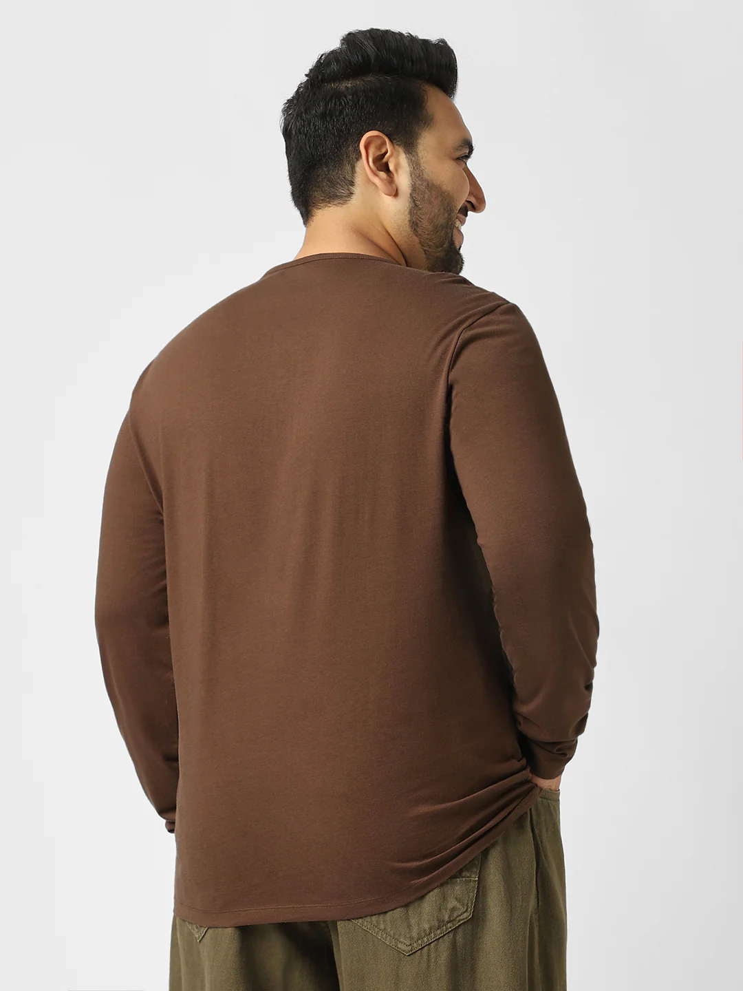 Plus Men's Cocoa Brown Solid Henley Neck Regular Fit Full Sleeve Cotton T-Shirt - Image 3