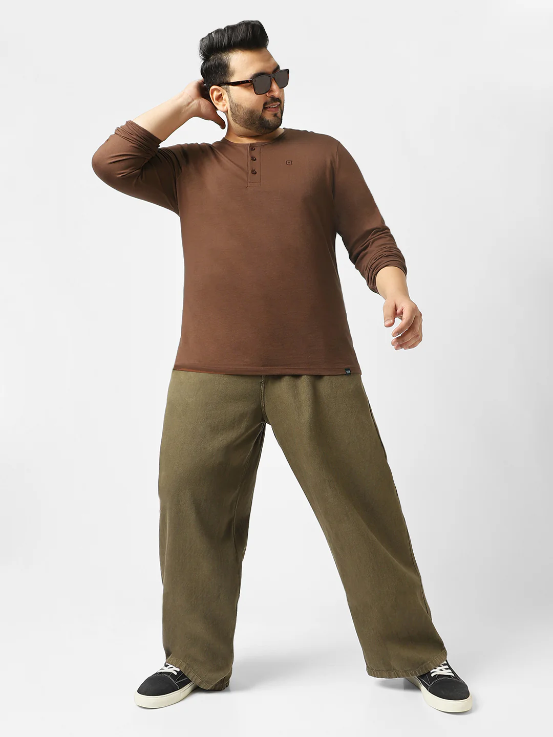 Plus Men's Cocoa Brown Solid Henley Neck Regular Fit Full Sleeve Cotton T-Shirt - Image 4