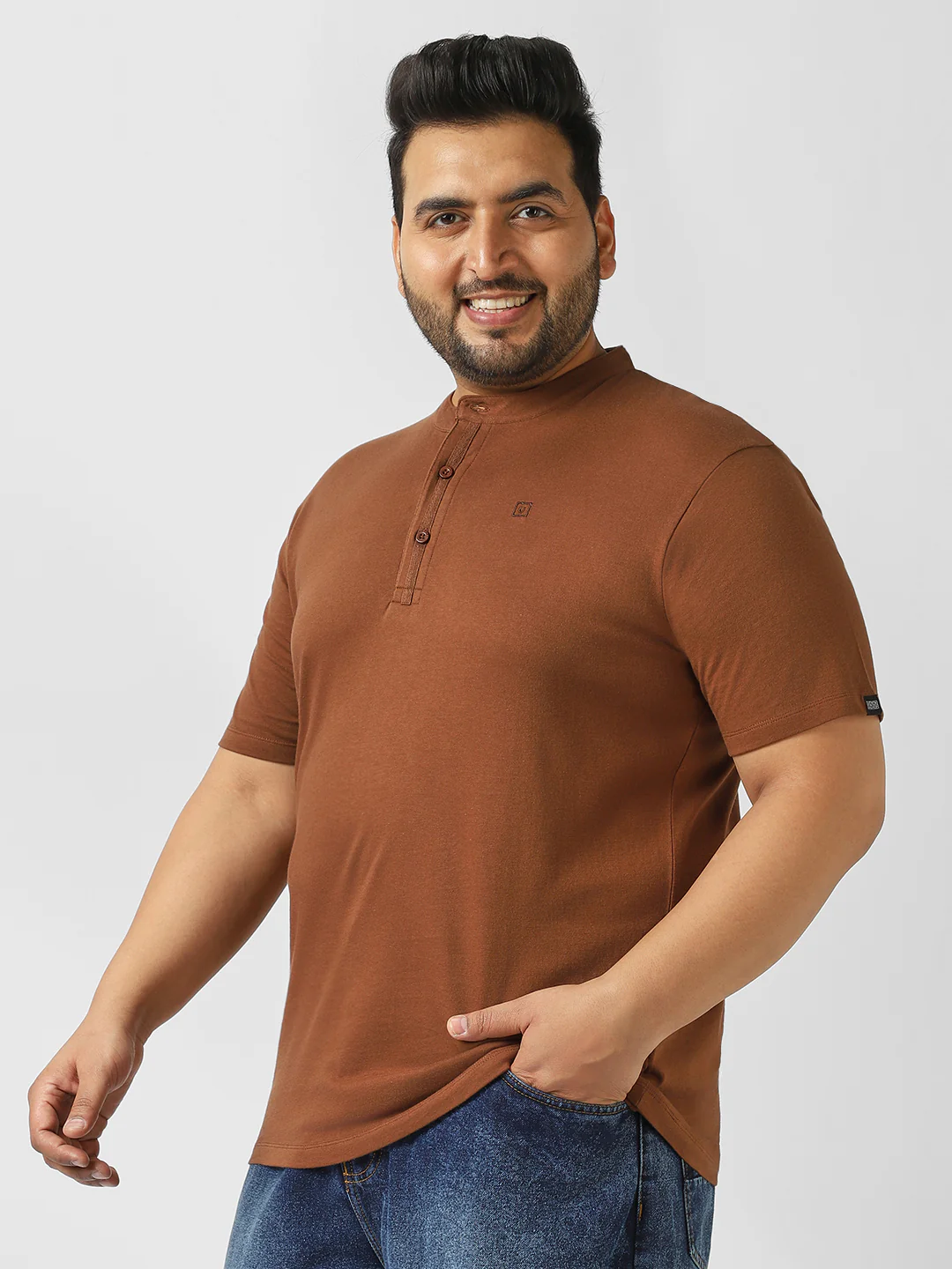 Plus Men's Cocoa Brown Solid Mandarin Collar Regular Fit Half Sleeve Cotton T-Shirt - Image 2