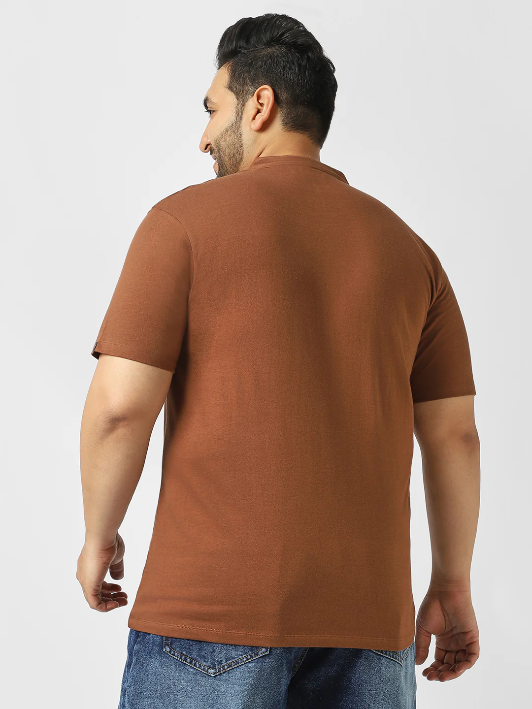 Plus Men's Cocoa Brown Solid Mandarin Collar Regular Fit Half Sleeve Cotton T-Shirt - Image 3