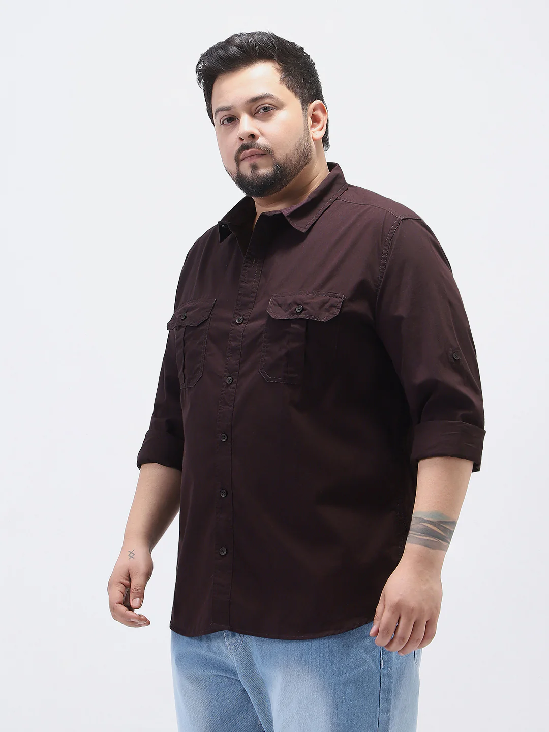 Plus Men's Cocoa Cotton Full Sleeve Regular Fit Casual Solid Shirt - Image 2