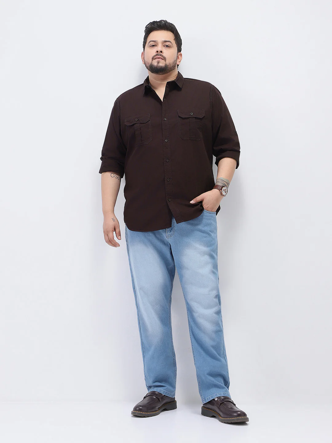 Plus Men's Cocoa Cotton Full Sleeve Regular Fit Casual Solid Shirt - Image 4