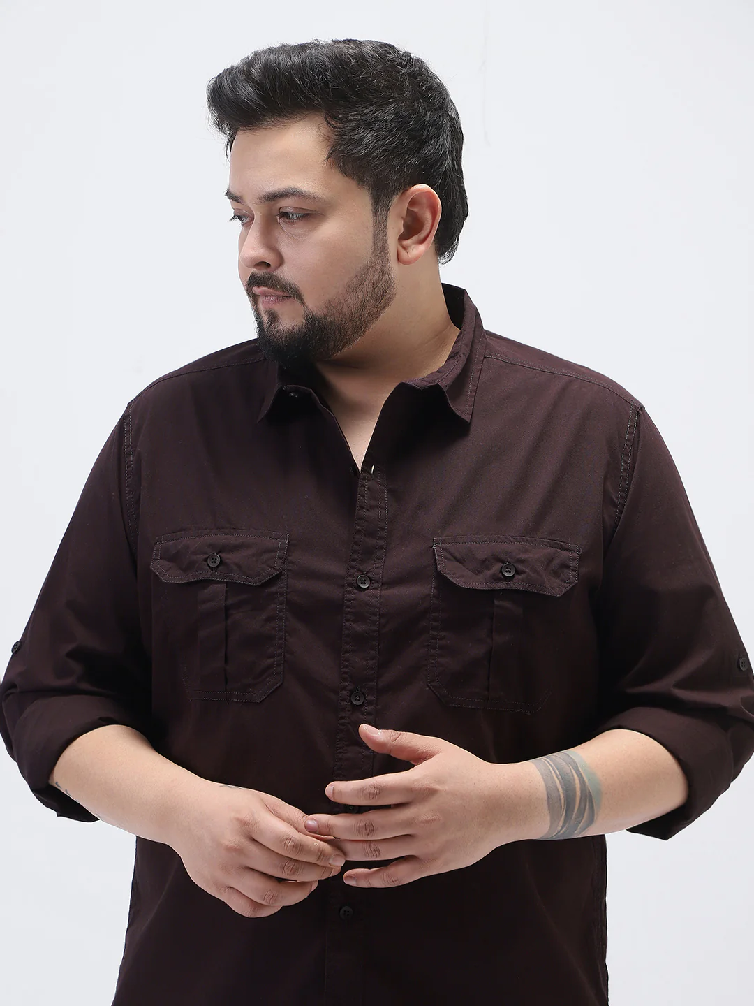 Plus Men's Cocoa Cotton Full Sleeve Regular Fit Casual Solid Shirt - Image 5