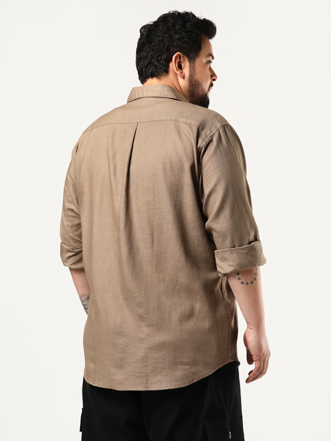 Plus Men's Coffee Linen Blend Full Sleeve Relaxed Fit Casual Solid Shirt - Image 3