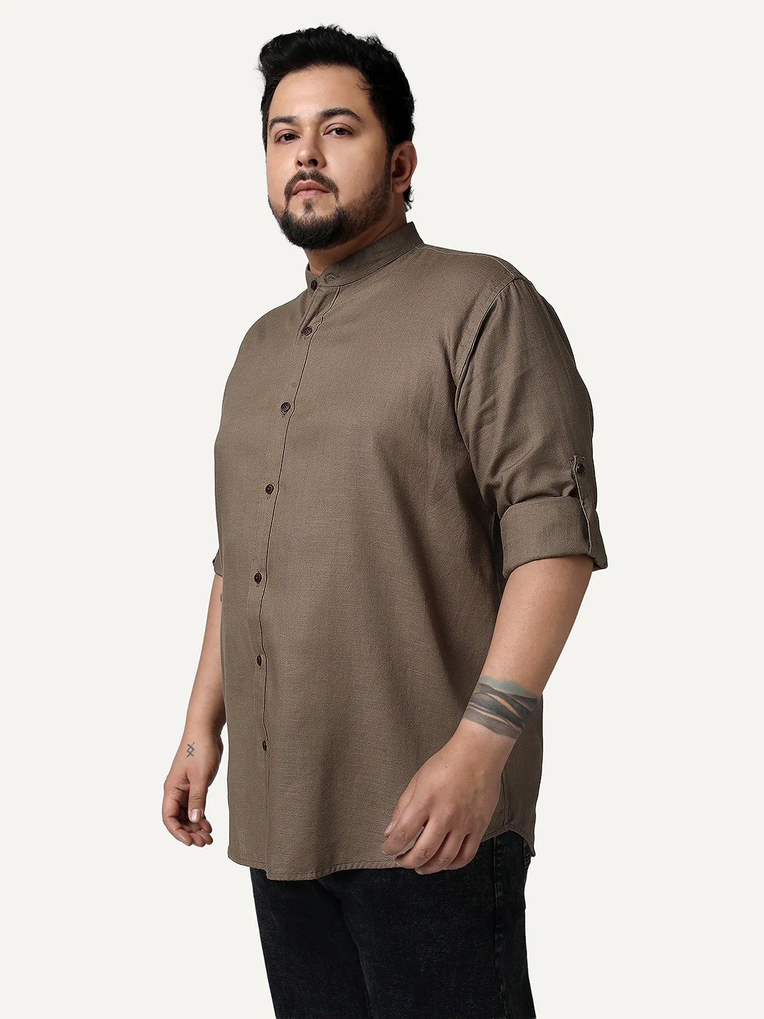 Plus Men's Coffee Linen Blend Full Sleeve Relaxed Fit Mandarin Collar Casual Solid Shirt - Image 2