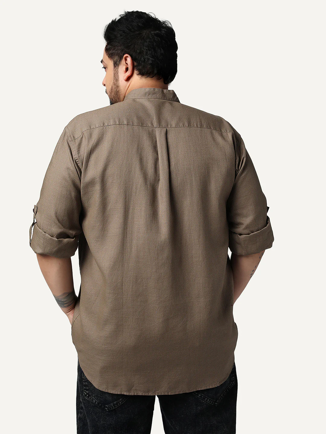 Plus Men's Coffee Linen Blend Full Sleeve Relaxed Fit Mandarin Collar Casual Solid Shirt - Image 3