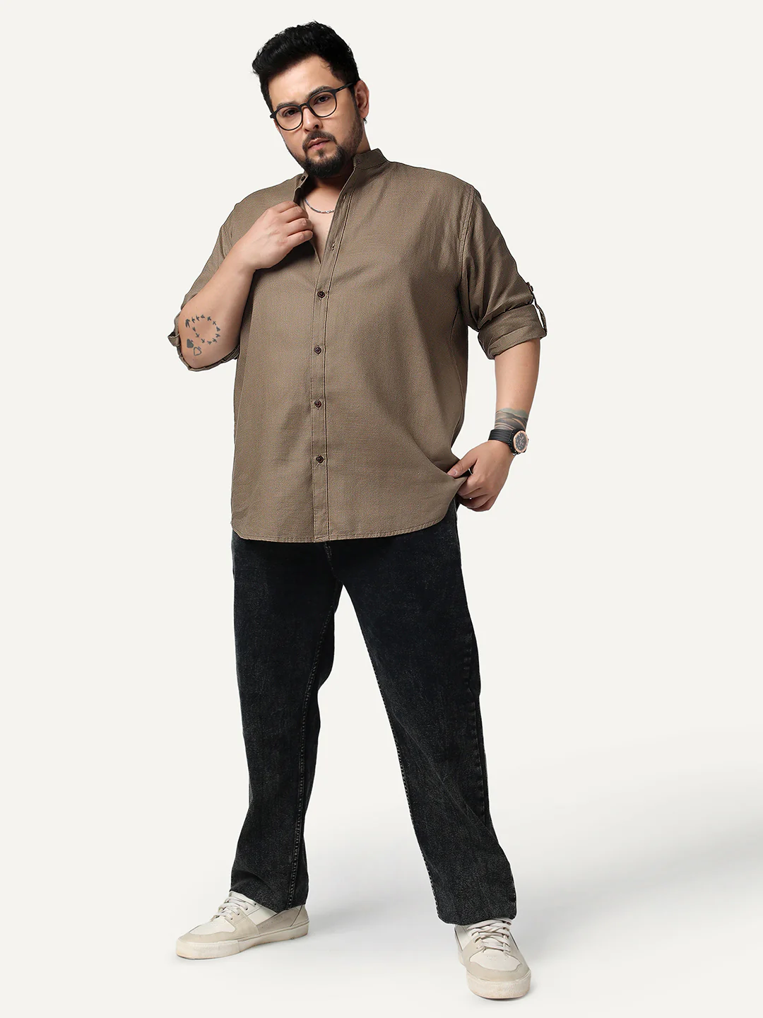 Plus Men's Coffee Linen Blend Full Sleeve Relaxed Fit Mandarin Collar Casual Solid Shirt - Image 4