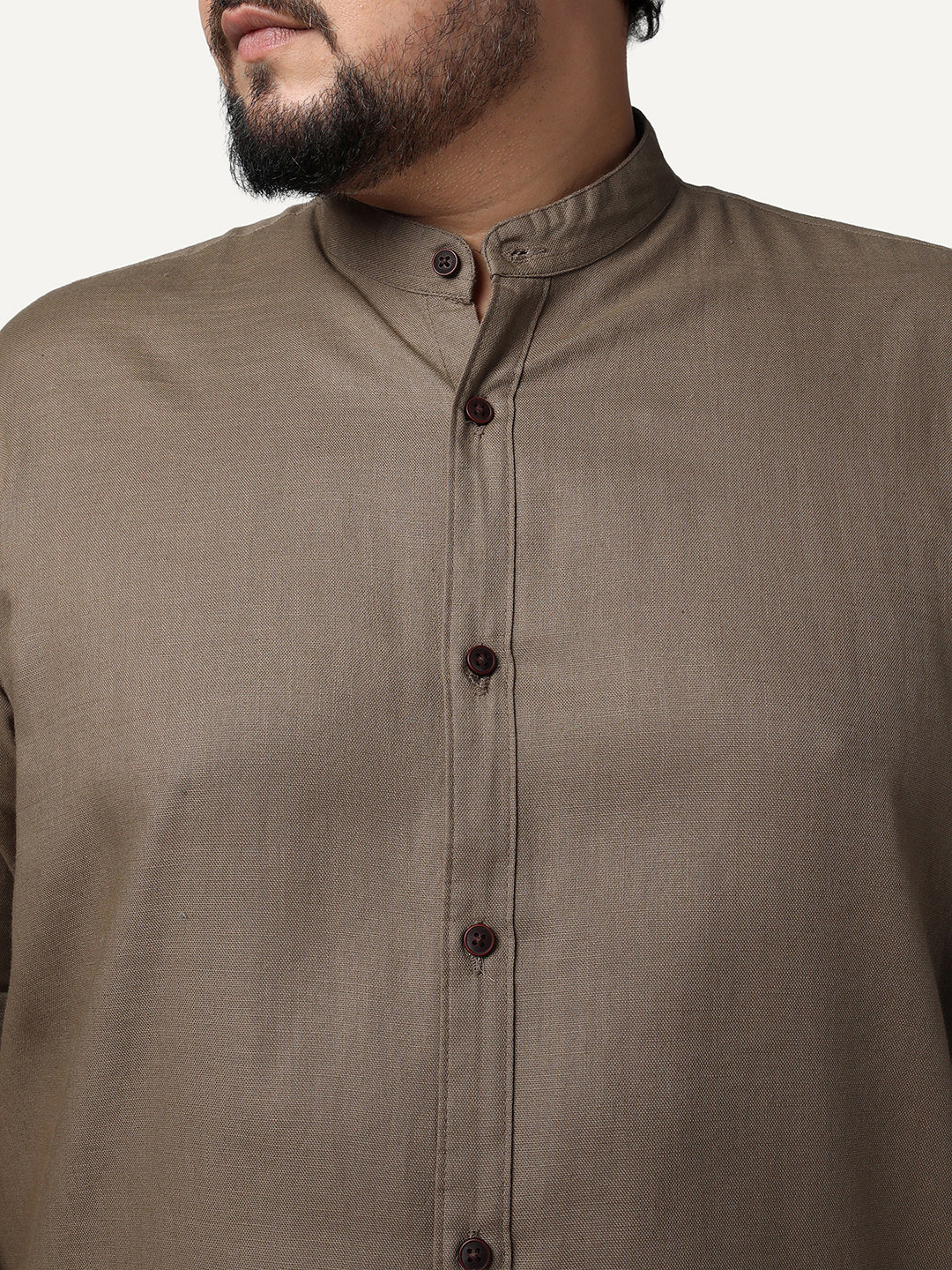 Plus Men's Coffee Linen Blend Full Sleeve Relaxed Fit Mandarin Collar Casual Solid Shirt - Image 5
