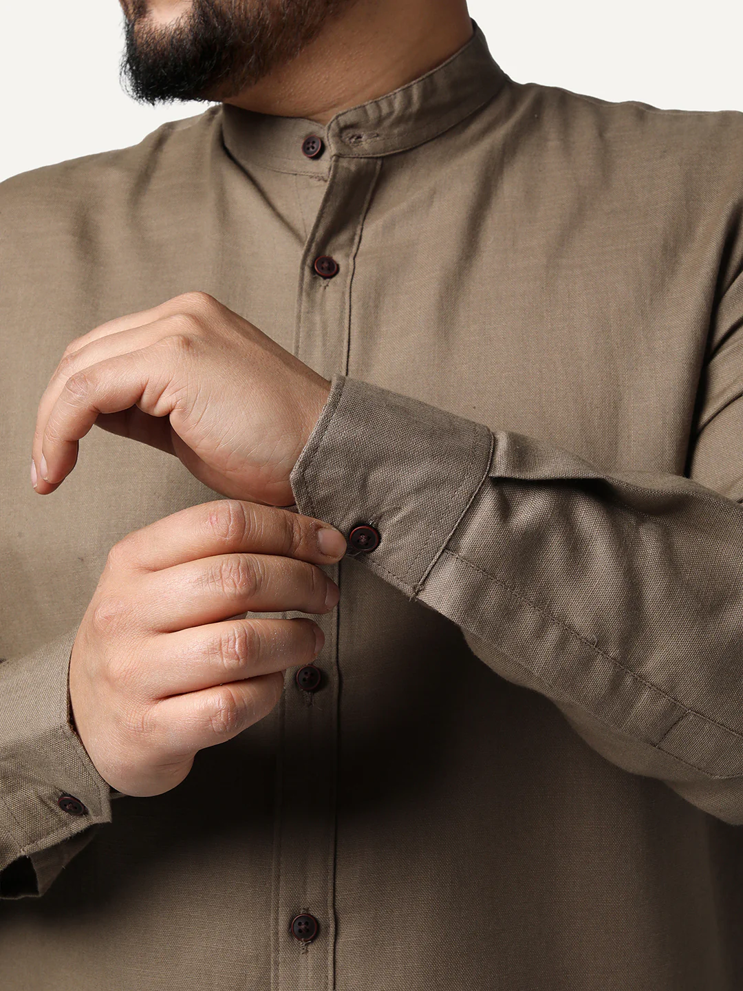 Plus Men's Coffee Linen Blend Full Sleeve Relaxed Fit Mandarin Collar Casual Solid Shirt - Image 6