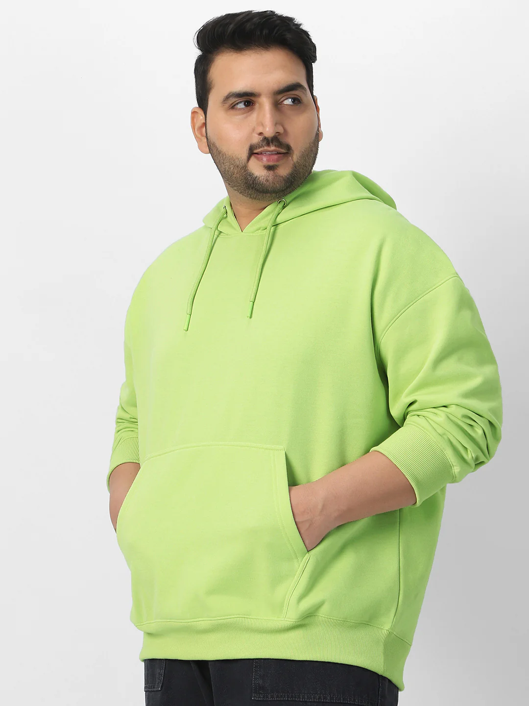 Plus Men's Cool Matcha Cotton Solid Oversized Hooded Neck Sweatshirt - Image 2
