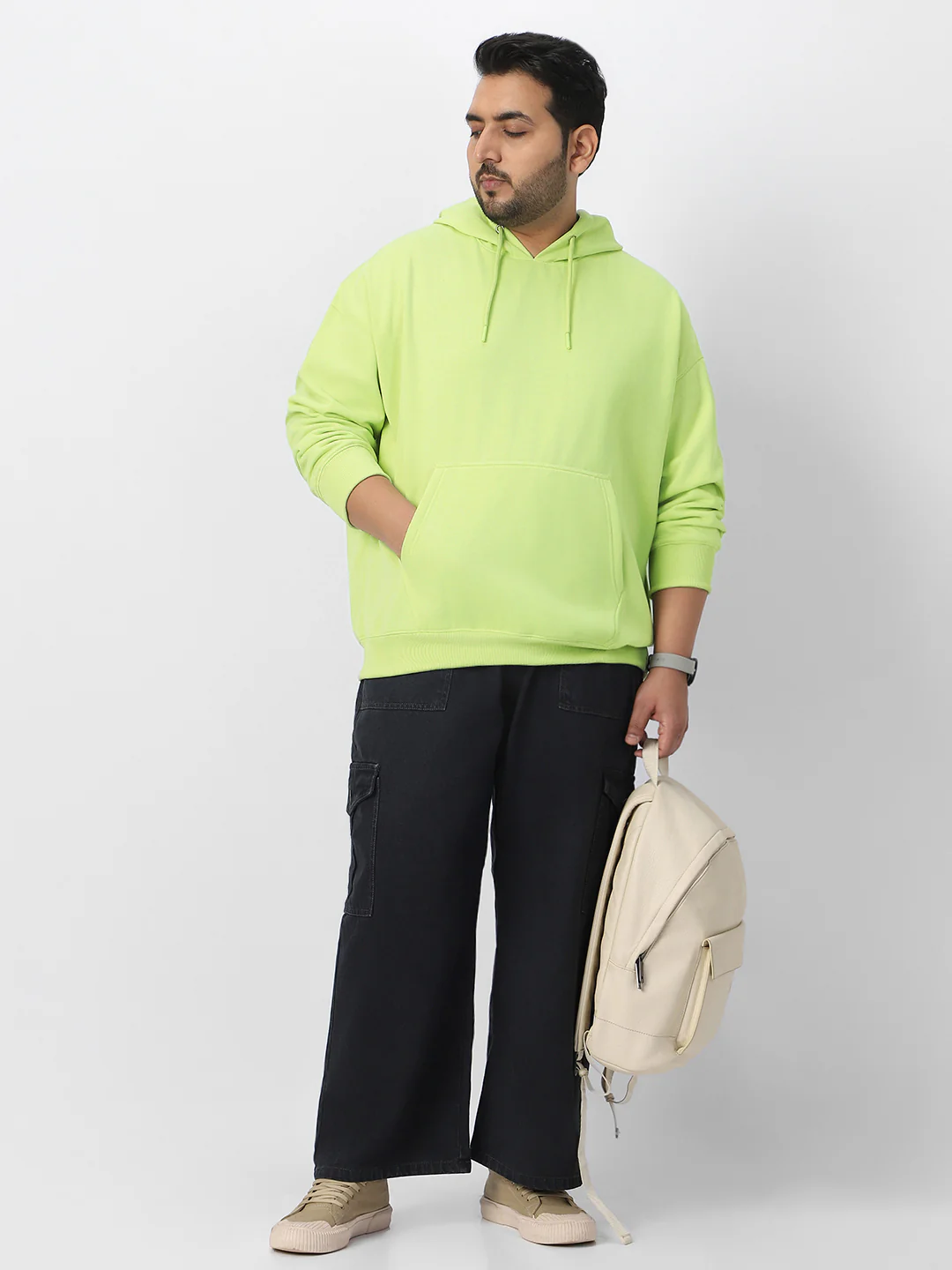 Plus Men's Cool Matcha Cotton Solid Oversized Hooded Neck Sweatshirt - Image 4