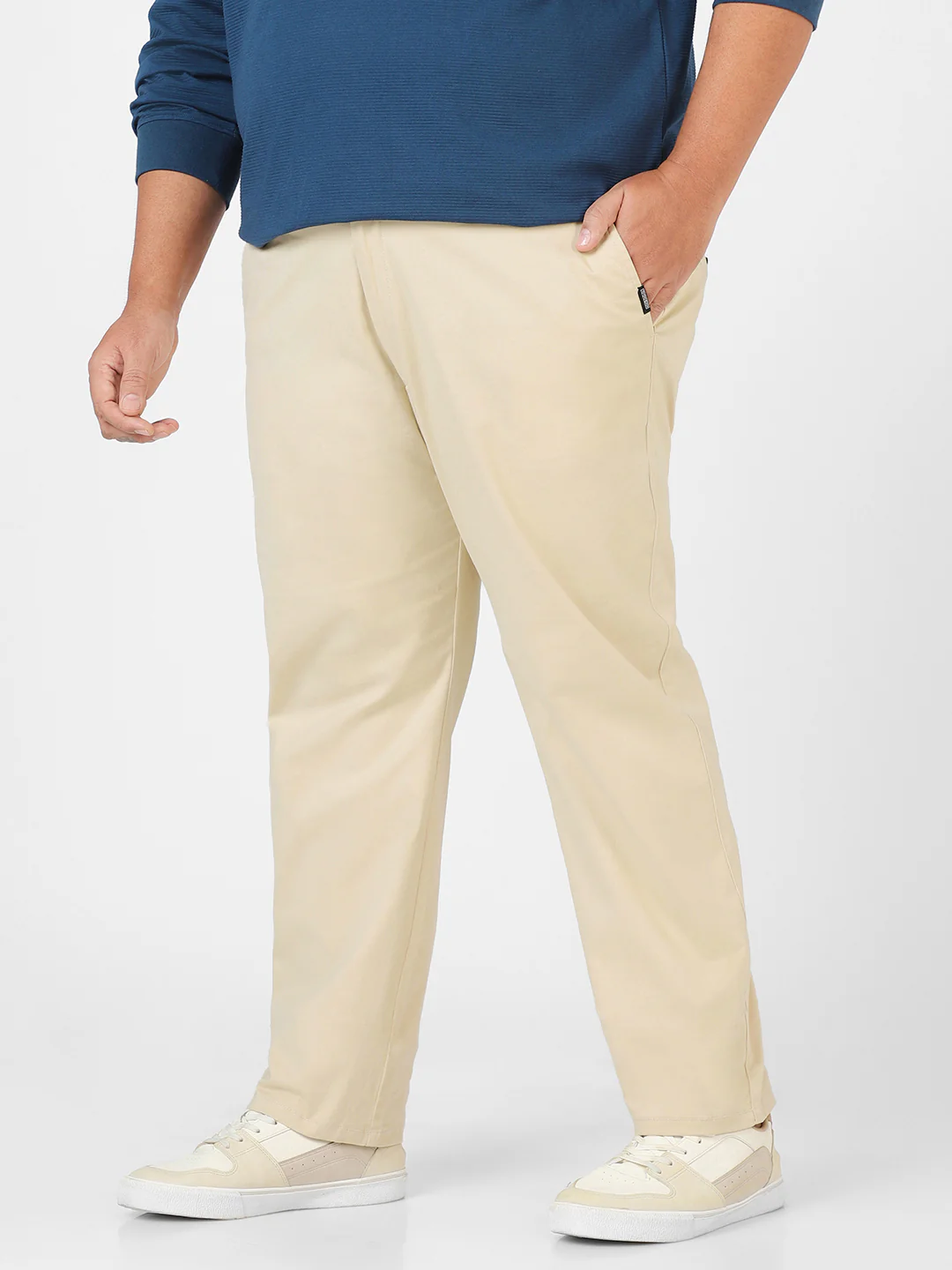 Plus Men's Cream Cotton Regular Fit Casual Chinos Trousers Stretch - Image 3