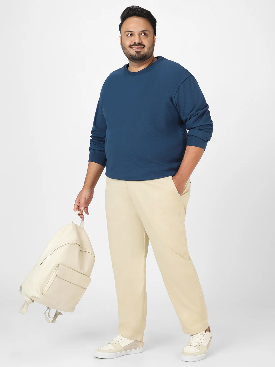 Plus Men's Cream Cotton Regular Fit Casual Chinos Trousers Stretch - Image 5