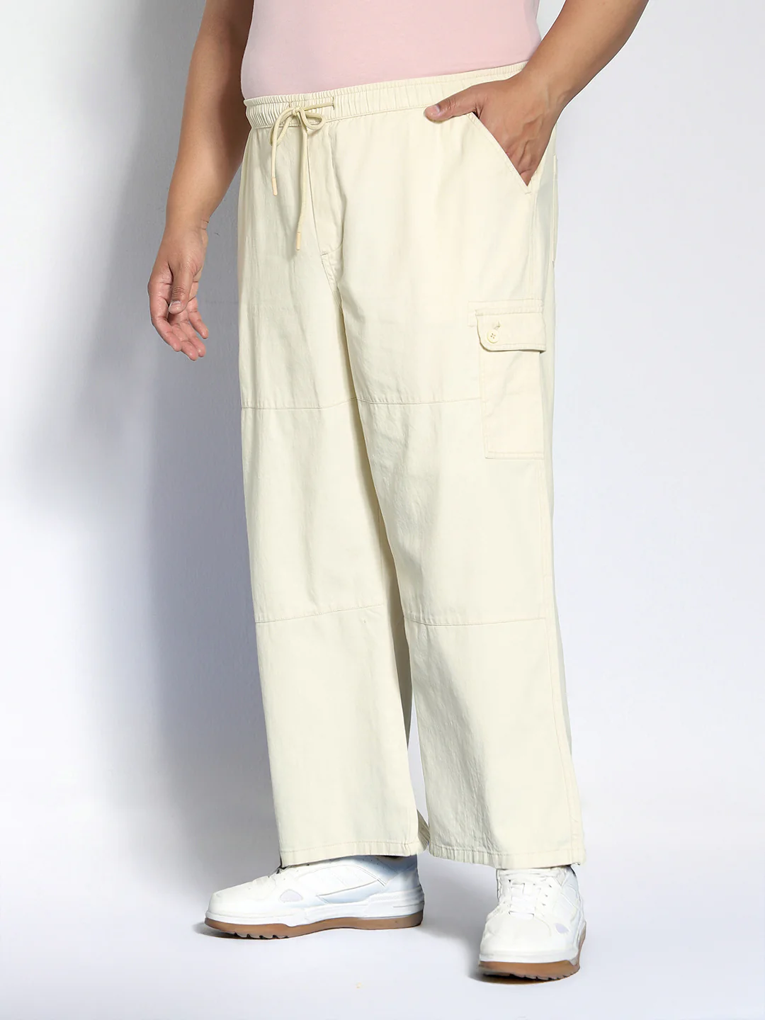 Plus Men's Cream Loose Baggy Fit Cargo Jogger Chino Pant with 6 Pockets Stretchable - Image 2
