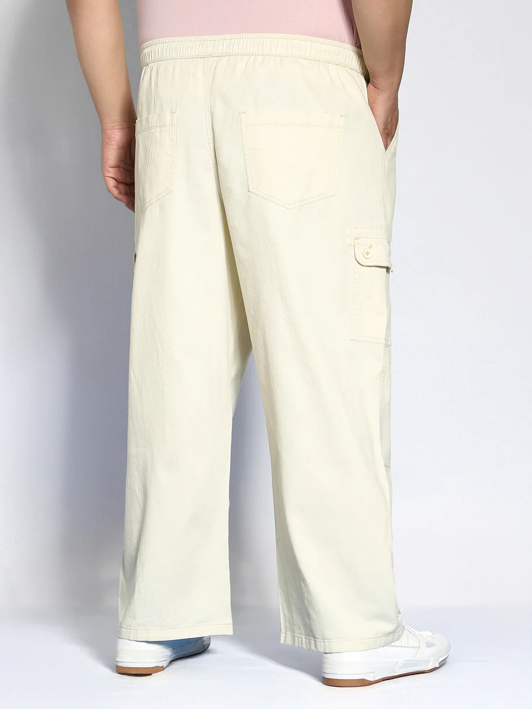 Plus Men's Cream Loose Baggy Fit Cargo Jogger Chino Pant with 6 Pockets Stretchable - Image 3