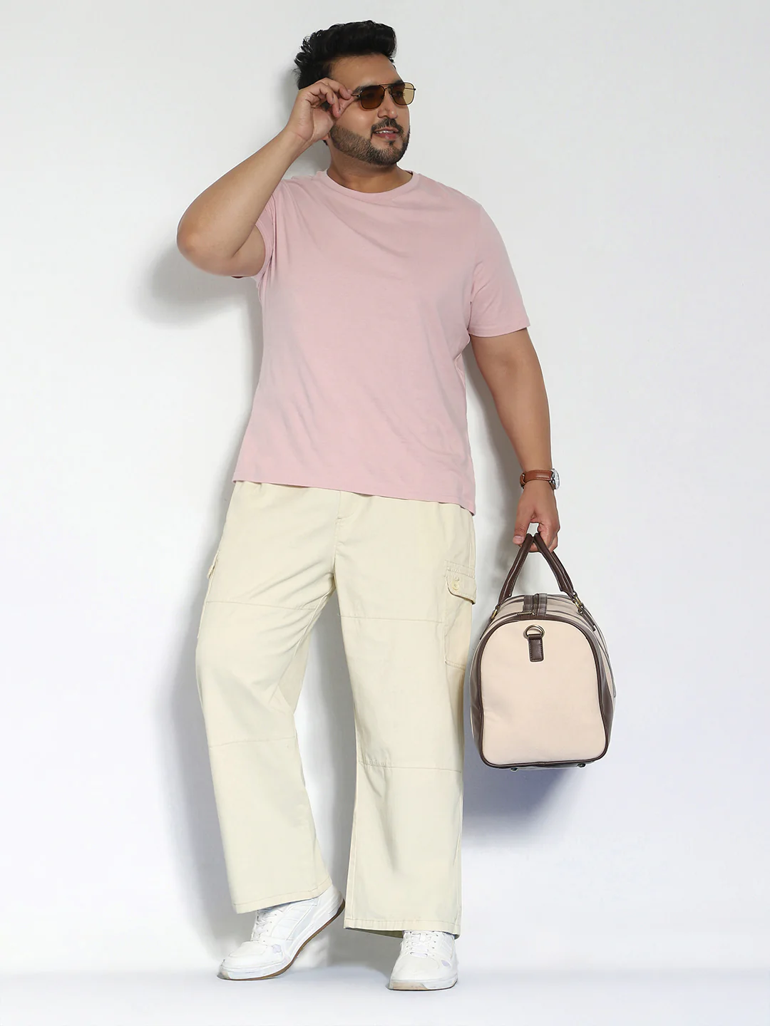 Plus Men's Cream Loose Baggy Fit Cargo Jogger Chino Pant with 6 Pockets Stretchable - Image 4