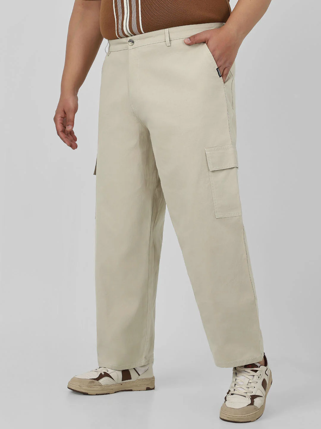 Plus Men's Cream Loose Baggy Fit Solid Cargo Chino Pant with 6 Pockets Non-Stretchable - Image 2