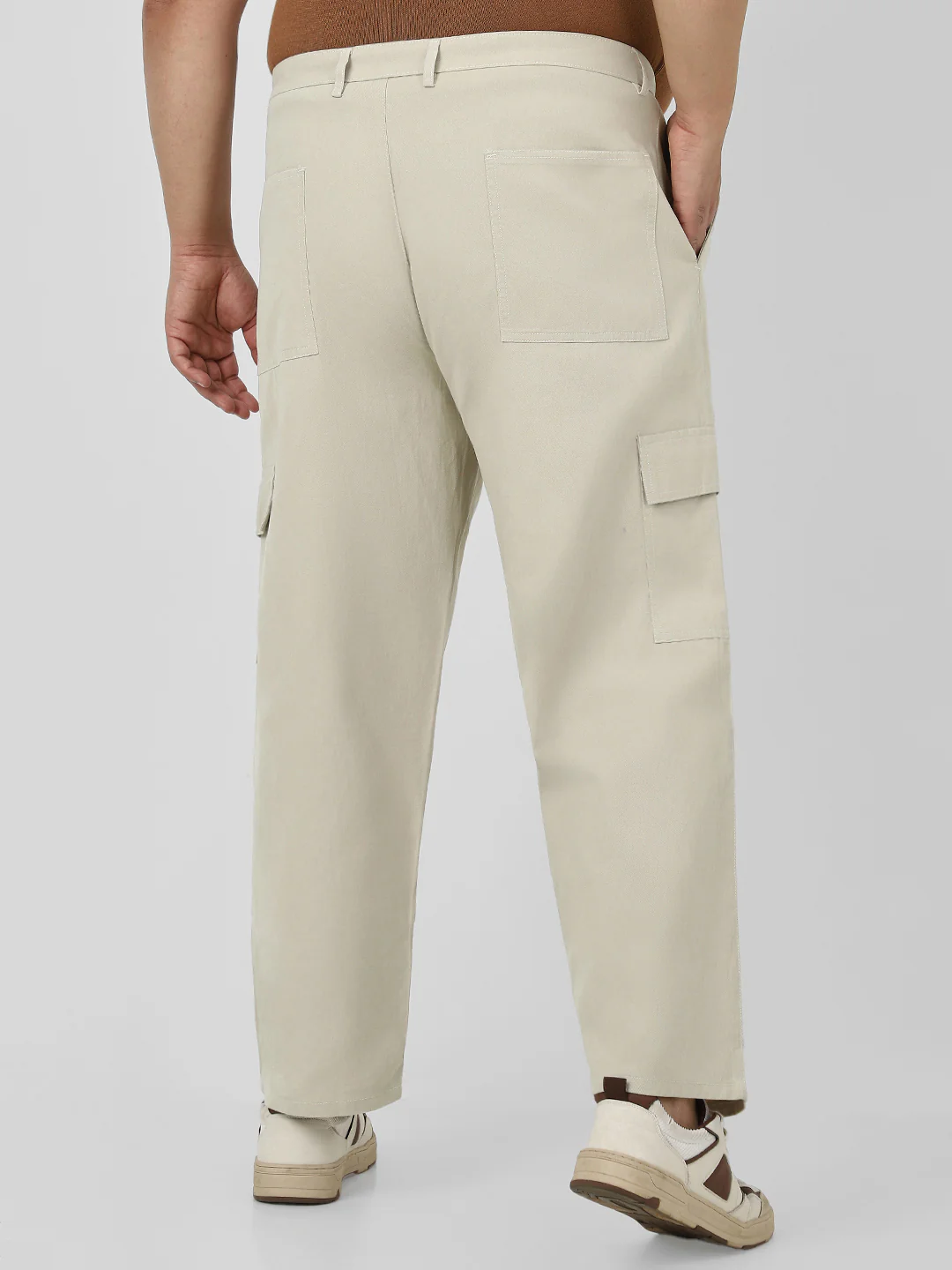 Plus Men's Cream Loose Baggy Fit Solid Cargo Chino Pant with 6 Pockets Non-Stretchable - Image 3