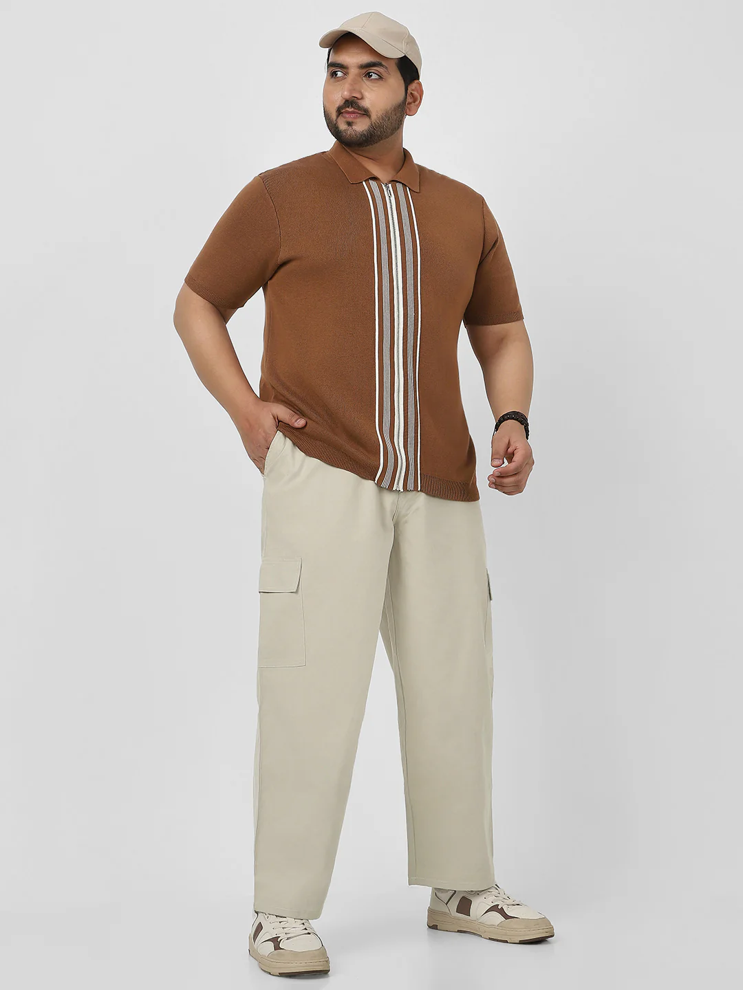 Plus Men's Cream Loose Baggy Fit Solid Cargo Chino Pant with 6 Pockets Non-Stretchable - Image 4