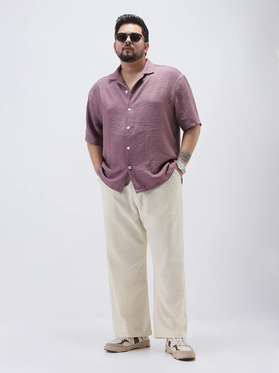 Plus Men's Cream Loose Fit Solid Linen Blend Trousers Non-Stretchable - Image 4