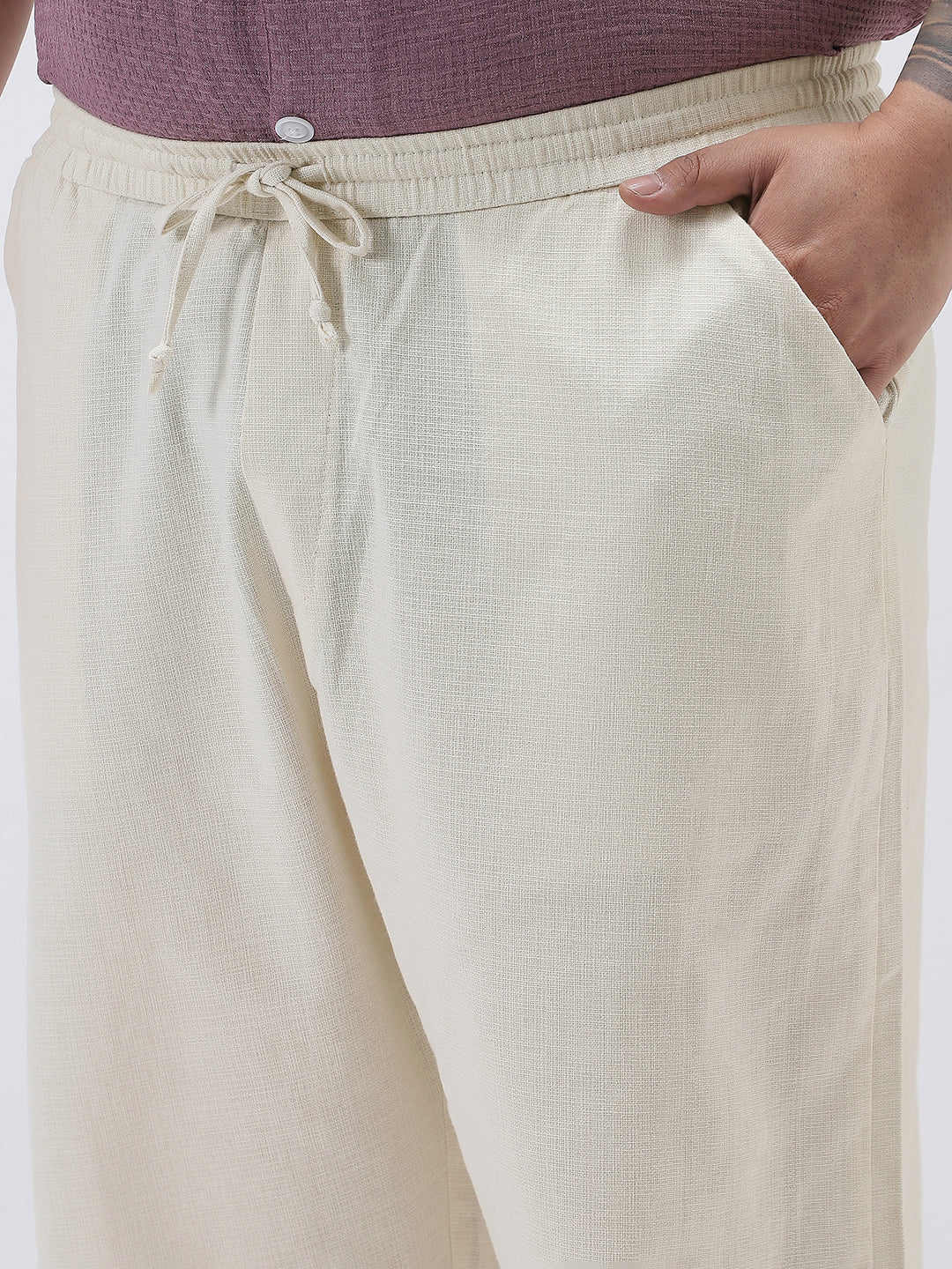 Plus Men's Cream Loose Fit Solid Linen Blend Trousers Non-Stretchable - Image 5