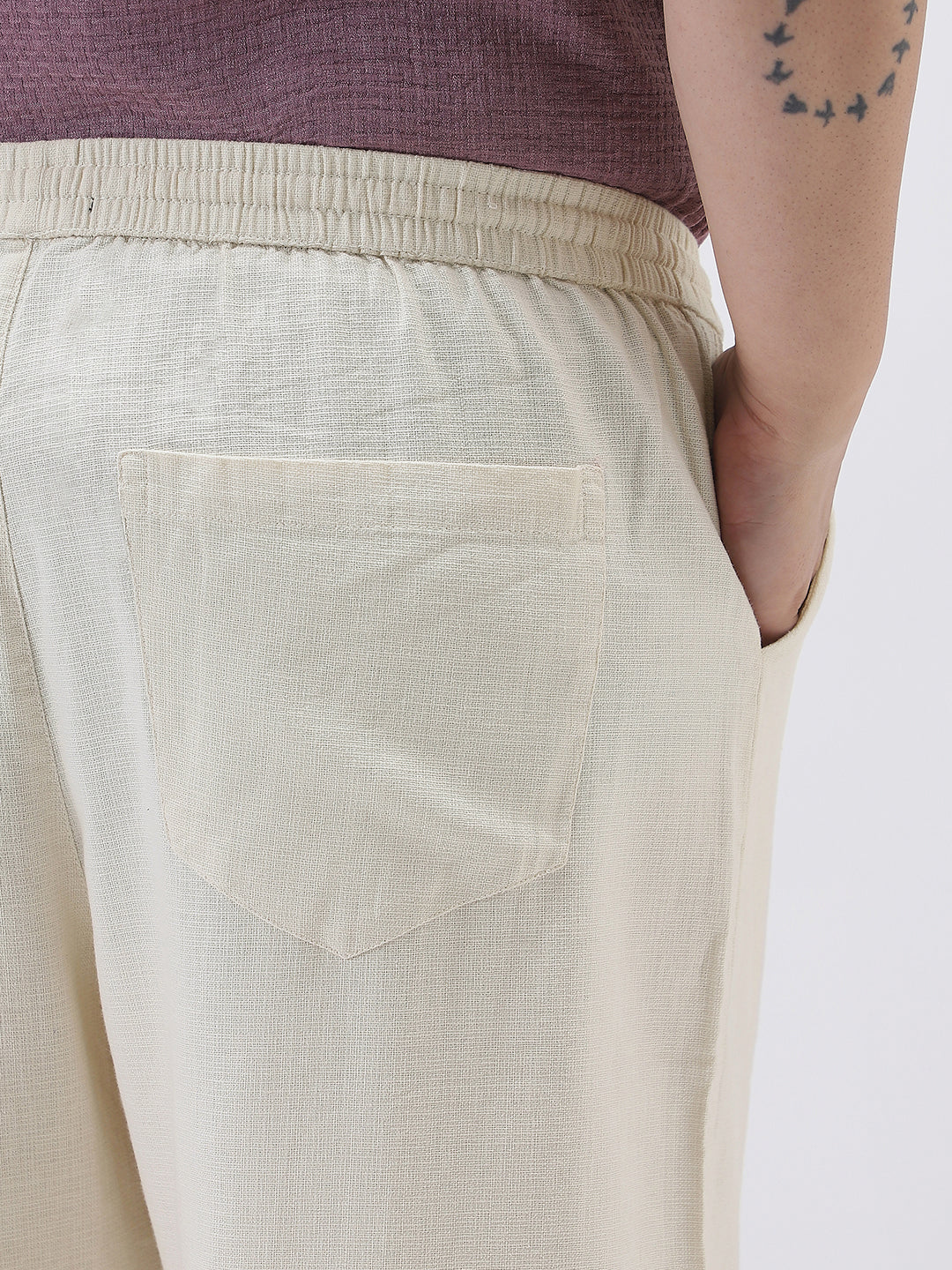 Plus Men's Cream Loose Fit Solid Linen Blend Trousers Non-Stretchable - Image 6