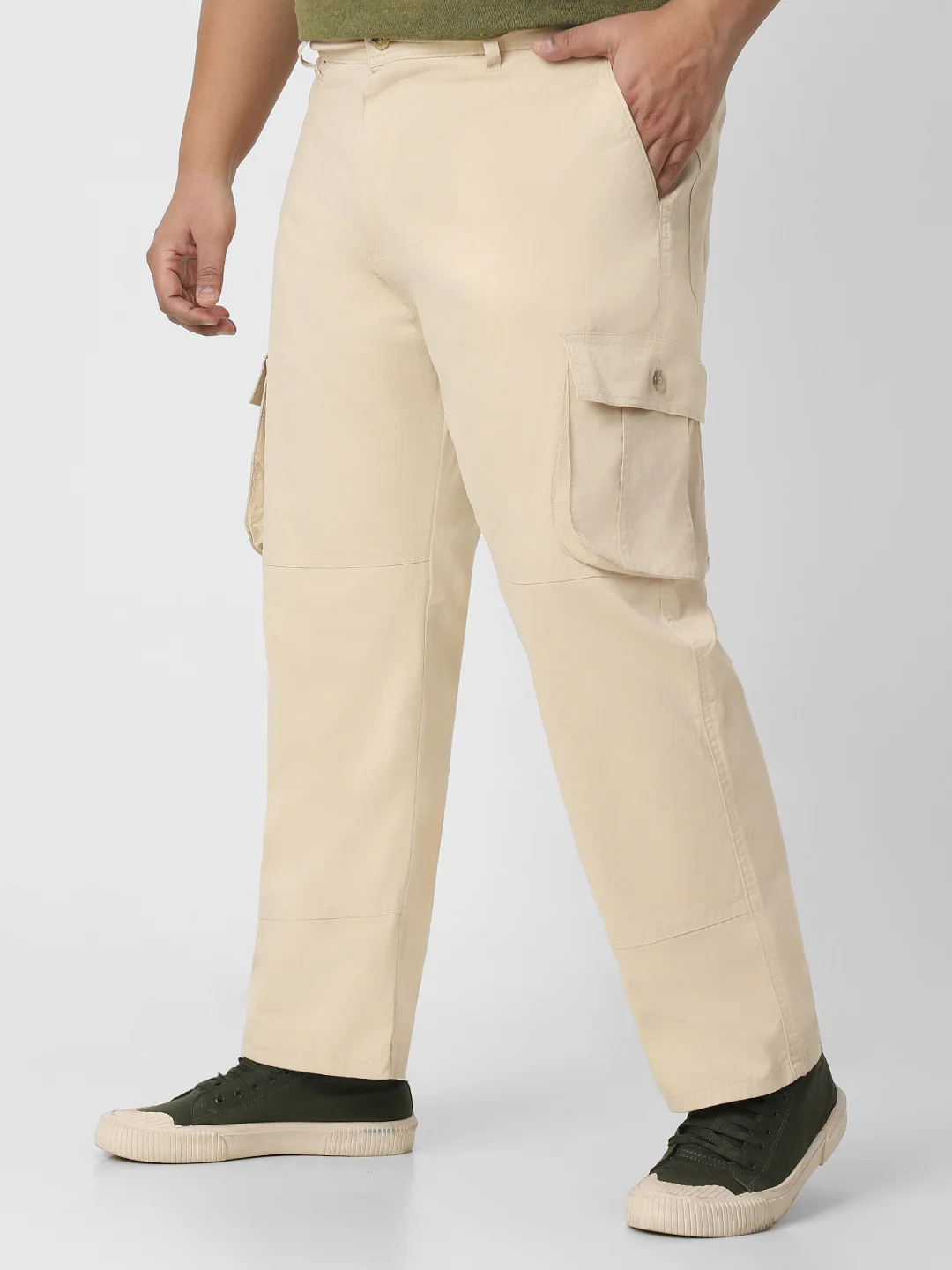 Plus Men's Cream Regular Fit Solid Cargo Chino Pant with 6 Pockets - Image 3