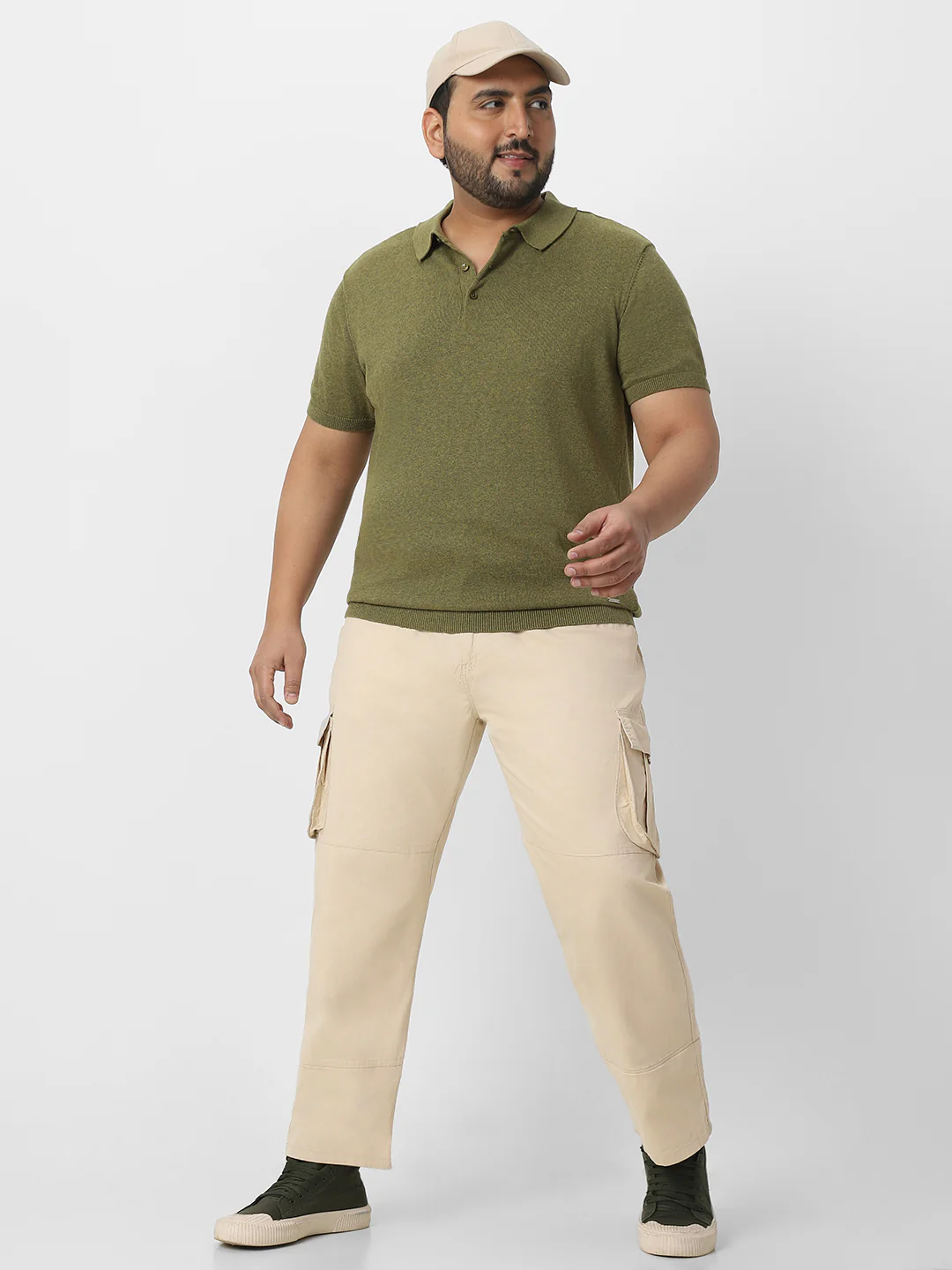 Plus Men's Cream Regular Fit Solid Cargo Chino Pant with 6 Pockets - Image 5