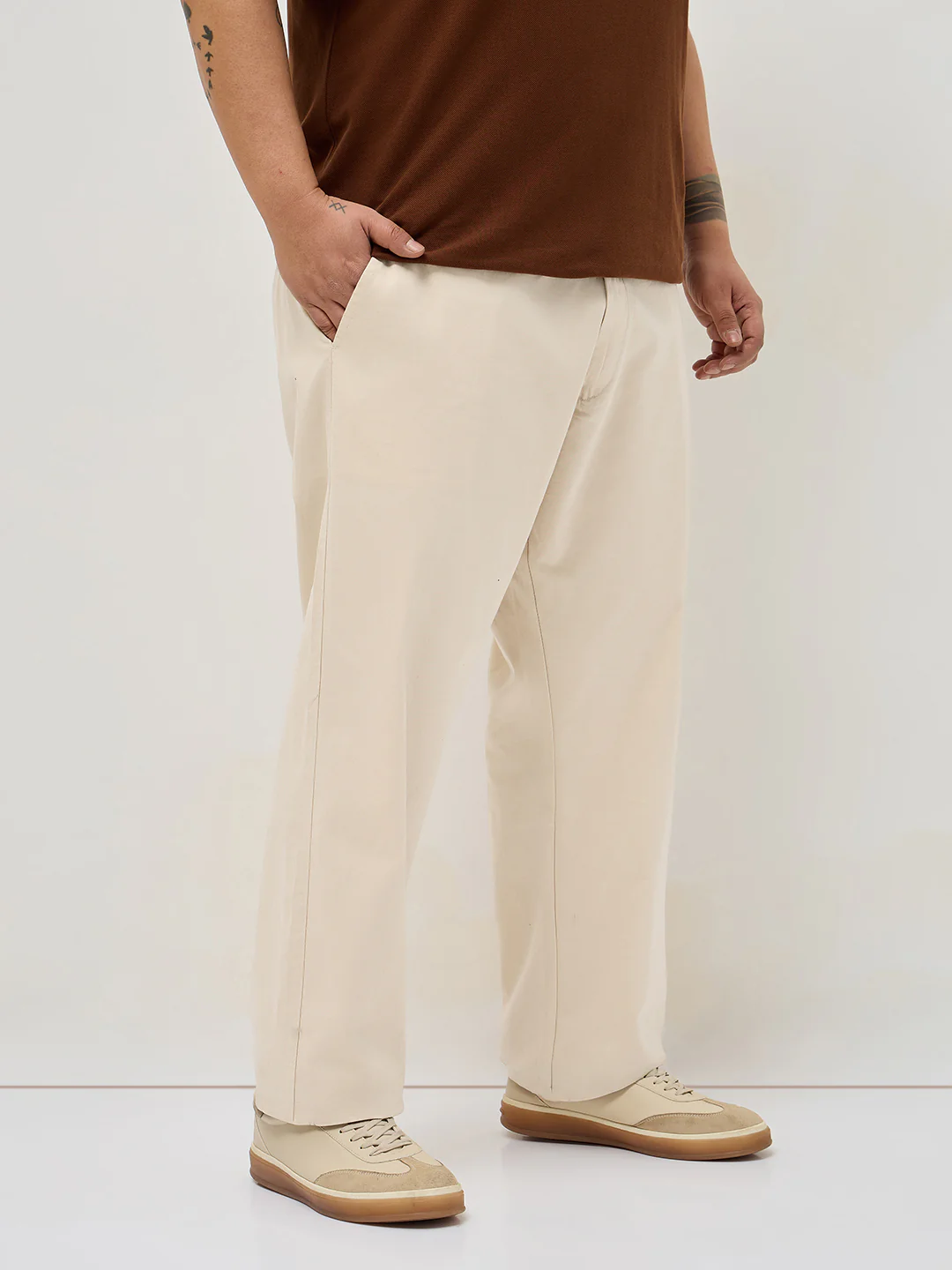 Plus Men's Cream Straight Fit Mid Rise Cotton Casual Chinos Trousers Stretch - Image 2
