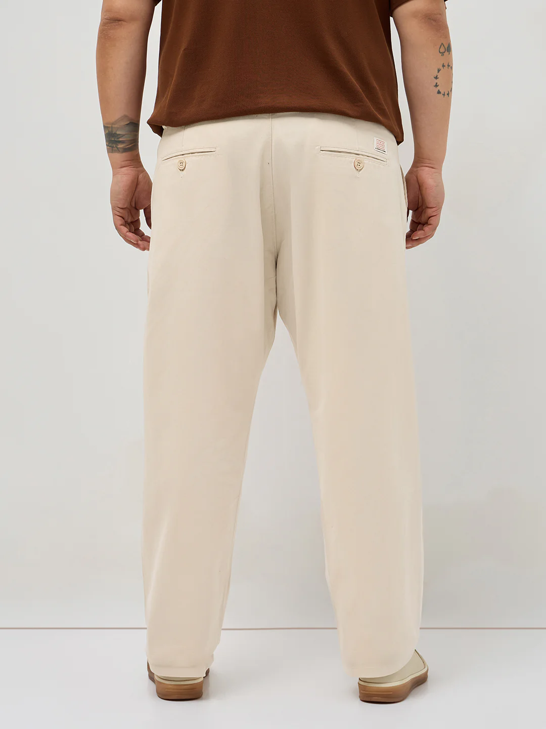 Plus Men's Cream Straight Fit Mid Rise Cotton Casual Chinos Trousers Stretch - Image 3