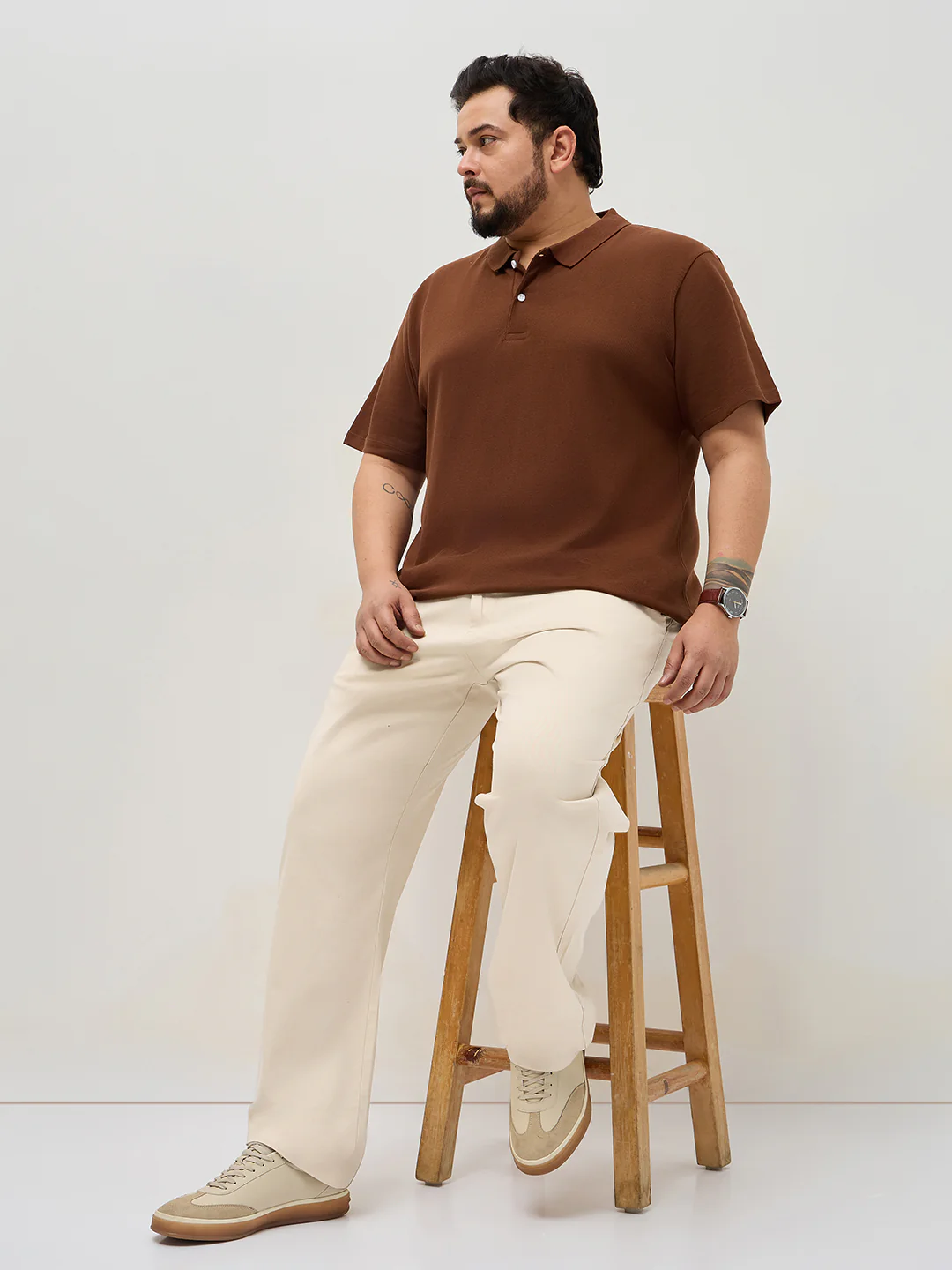 Plus Men's Cream Straight Fit Mid Rise Cotton Casual Chinos Trousers Stretch - Image 4