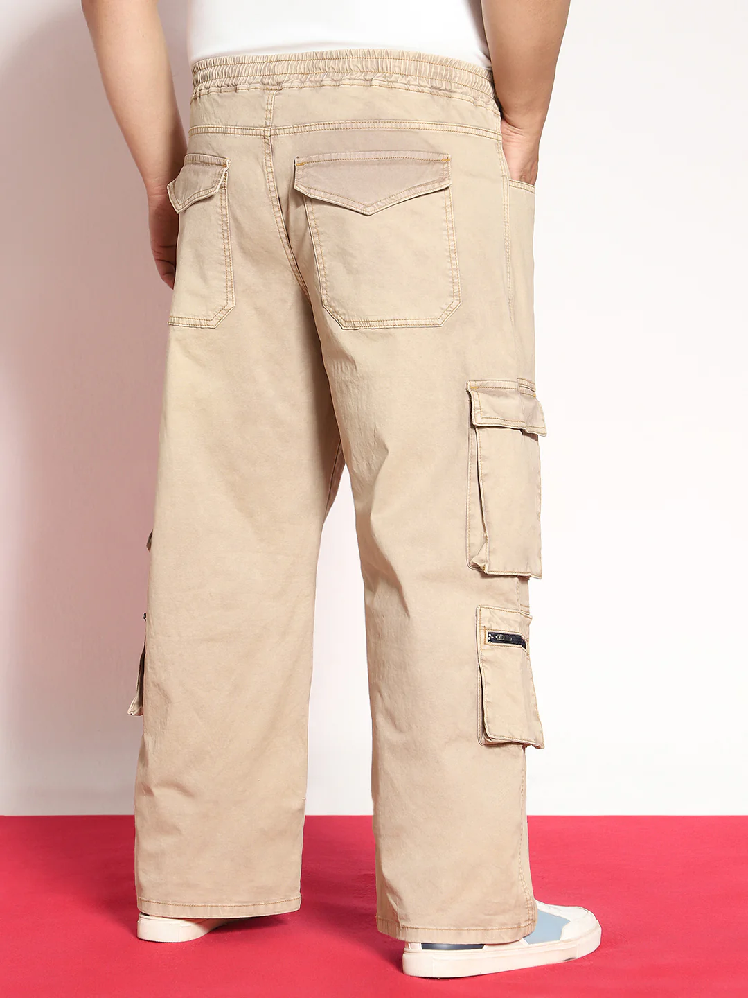 Plus Men's Dark Beige Loose Baggy Fit Travel Cargo Jeans With 8 Pockets Stretchable - Image 3