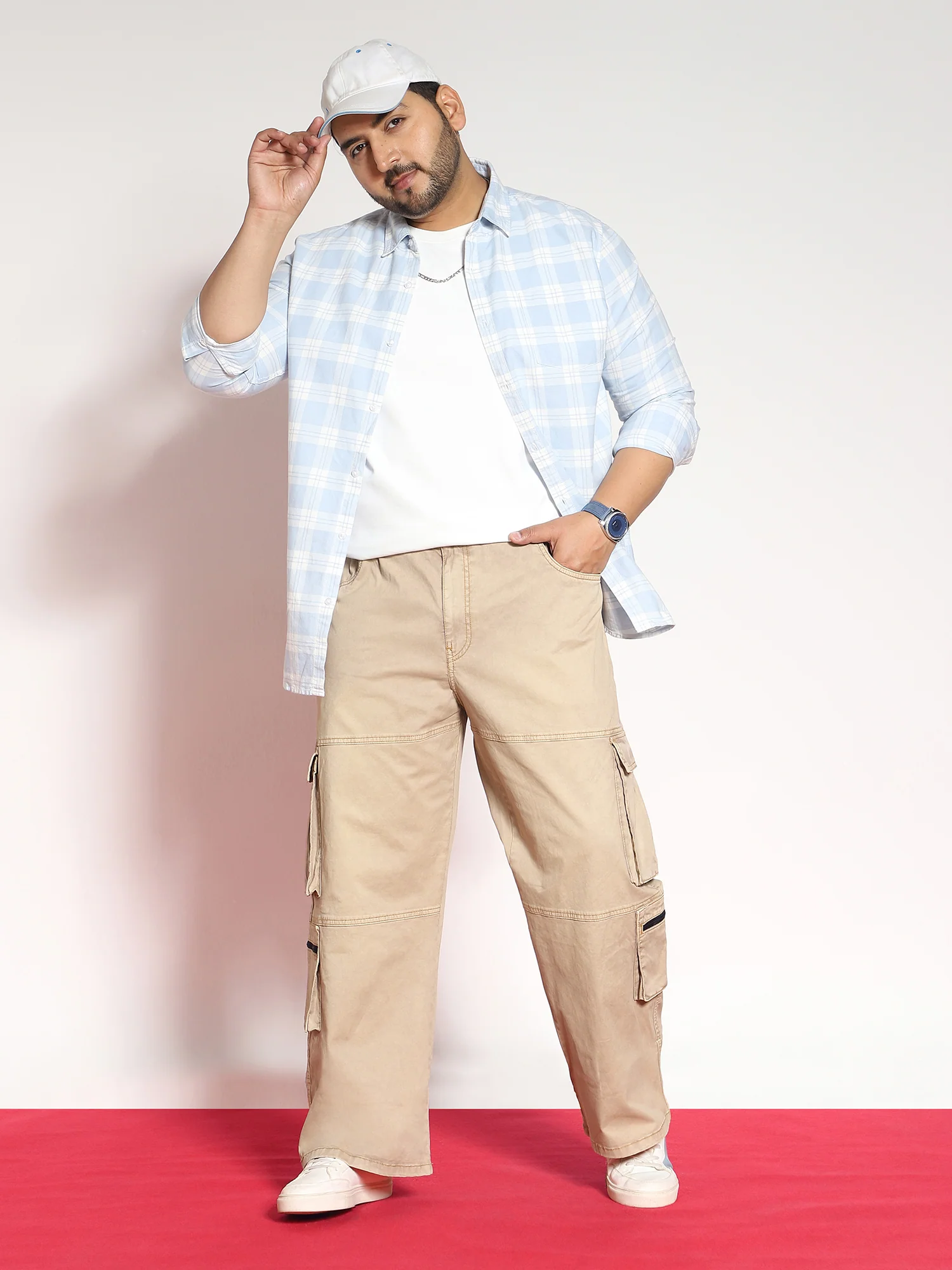 Plus Men's Dark Beige Loose Baggy Fit Travel Cargo Jeans With 8 Pockets Stretchable - Image 4