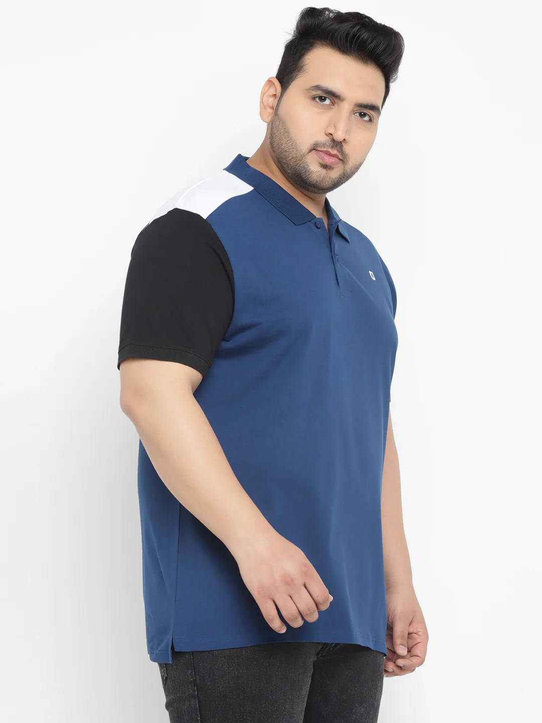 Plus Men's Dark Blue, Black Colour-Block Regular Fit Half Sleeve Cotton Polo T-Shirt - Image 2