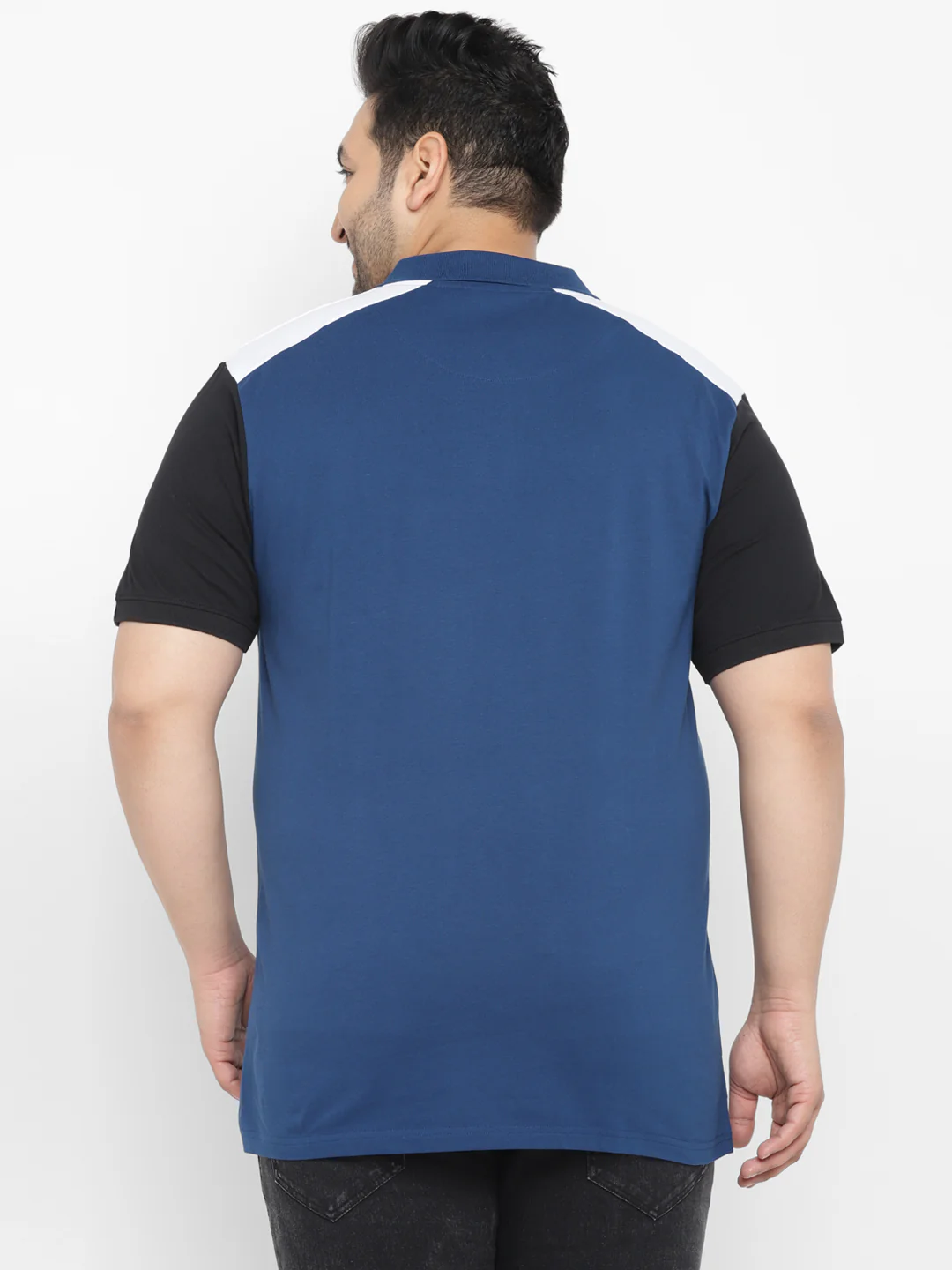 Plus Men's Dark Blue, Black Colour-Block Regular Fit Half Sleeve Cotton Polo T-Shirt - Image 3