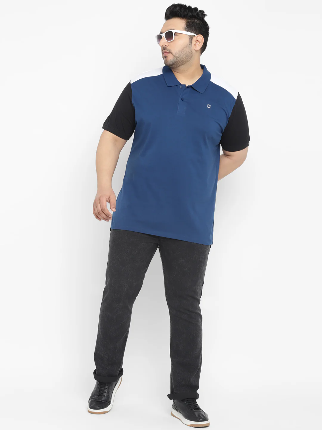 Plus Men's Dark Blue, Black Colour-Block Regular Fit Half Sleeve Cotton Polo T-Shirt - Image 4