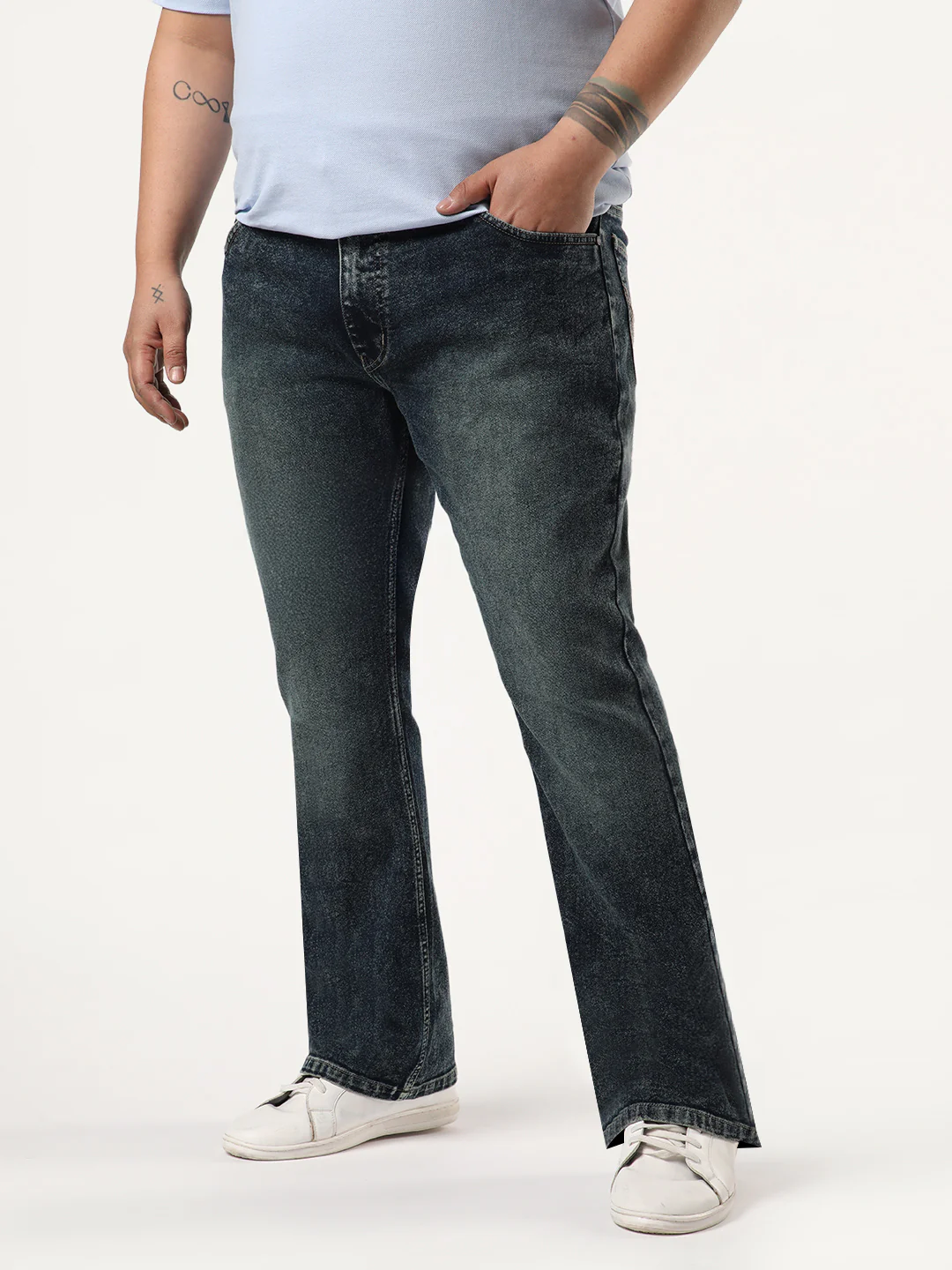 Plus Men's Dark Blue Bootcut Fit Mid Rise Tinted Heavy Washed Jeans Stretchable - Image 2