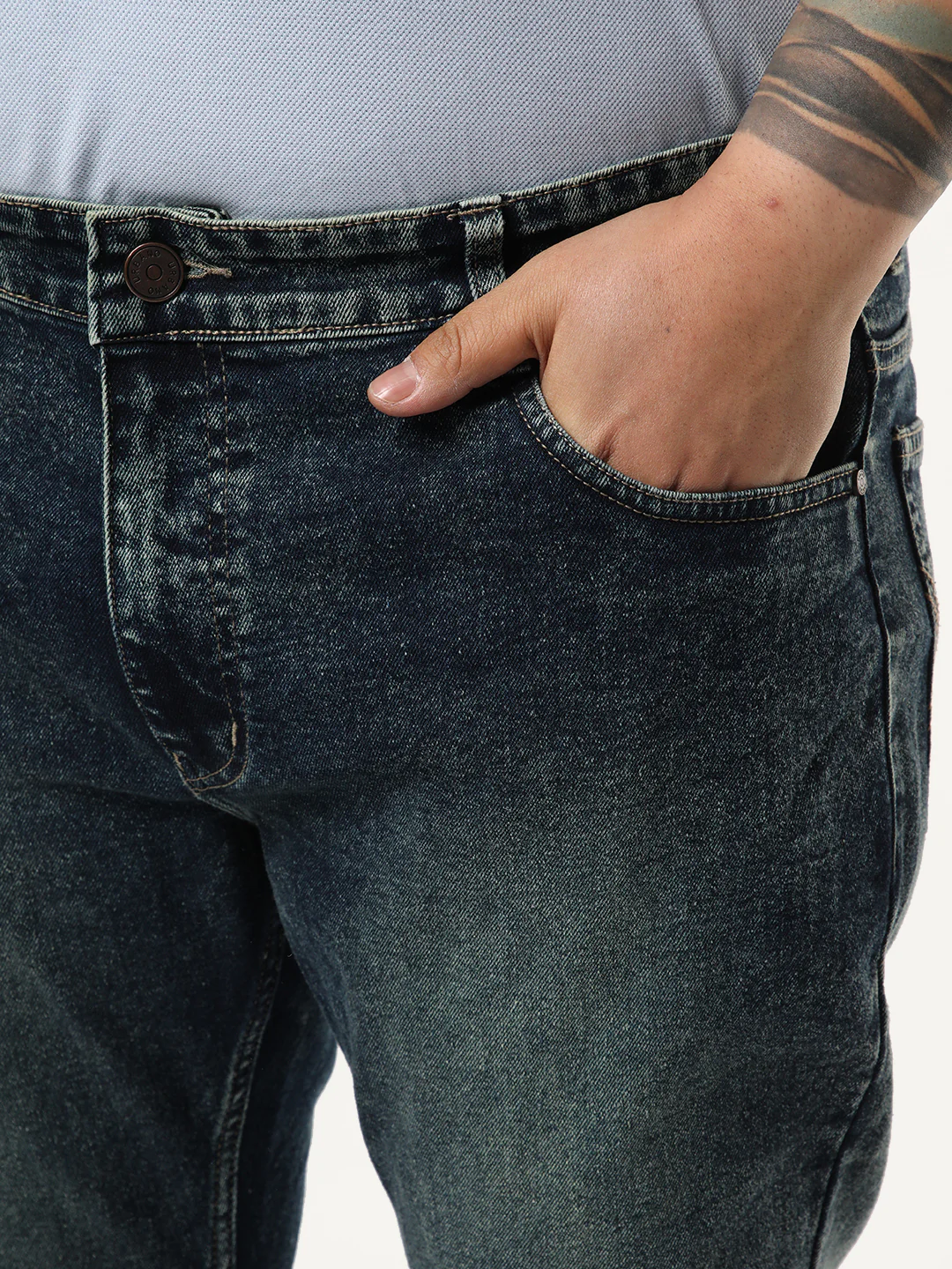 Plus Men's Dark Blue Bootcut Fit Mid Rise Tinted Heavy Washed Jeans Stretchable - Image 5