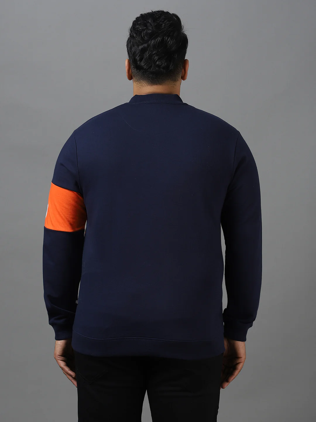 Plus Men's Dark Blue Cotton Color Block Round Neck Sweatshirt - Image 3